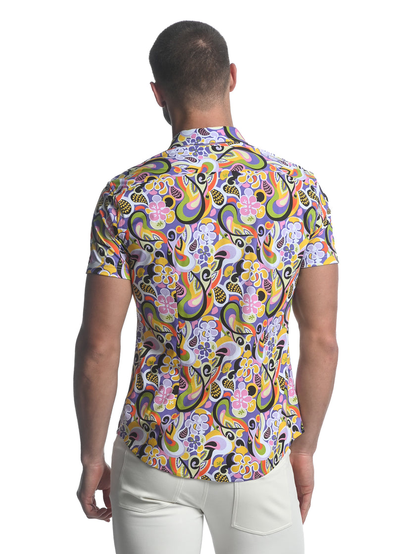PERIWINKLE/ GREEN GROOVE PRINTED STRETCH JERSEY KNIT SHORT SLEEVE SHIRT ST-9279