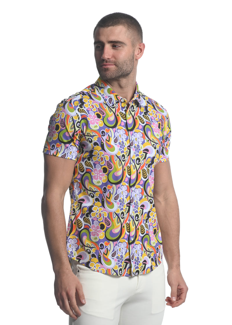 PERIWINKLE/ GREEN GROOVE PRINTED STRETCH JERSEY KNIT SHORT SLEEVE SHIRT ST-9279