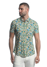 TEAL/ FOREST VINES PRINTED STRETCH JERSEY KNIT SHORT SLEEVE SHIRT ST-9280