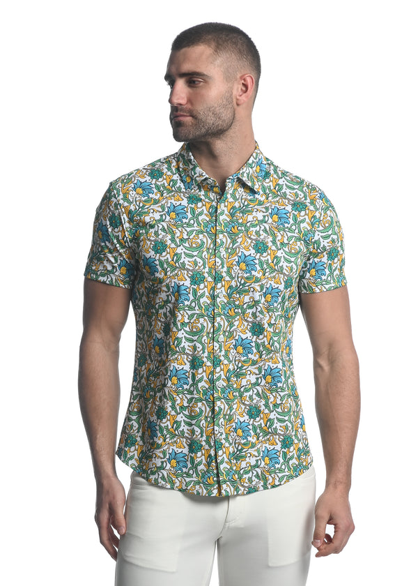 TEAL/ FOREST VINES PRINTED STRETCH JERSEY KNIT SHORT SLEEVE SHIRT ST-9280