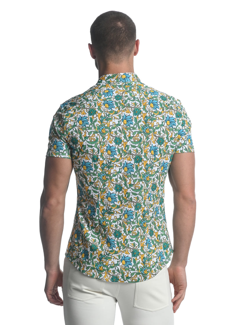 TEAL/ FOREST VINES PRINTED STRETCH JERSEY KNIT SHORT SLEEVE SHIRT ST-9280