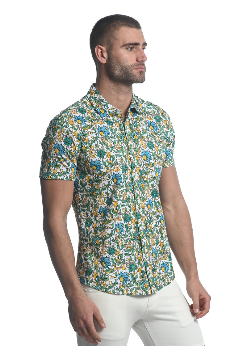 TEAL/ FOREST VINES PRINTED STRETCH JERSEY KNIT SHORT SLEEVE SHIRT ST-9280