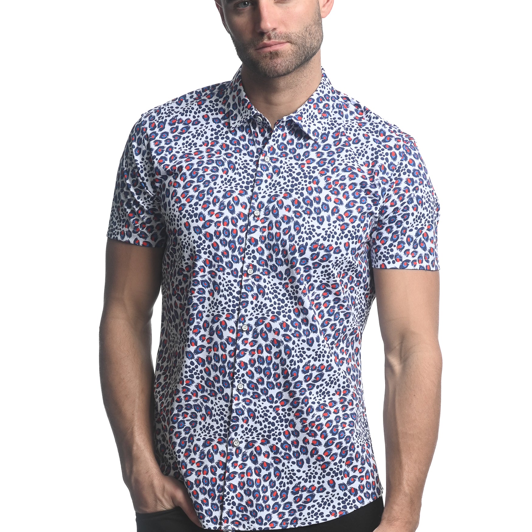 ROYAL/ RED JUNGLE PRINTED STRETCH JERSEY KNIT SHORT SLEEVE SHIRT  ST-9281