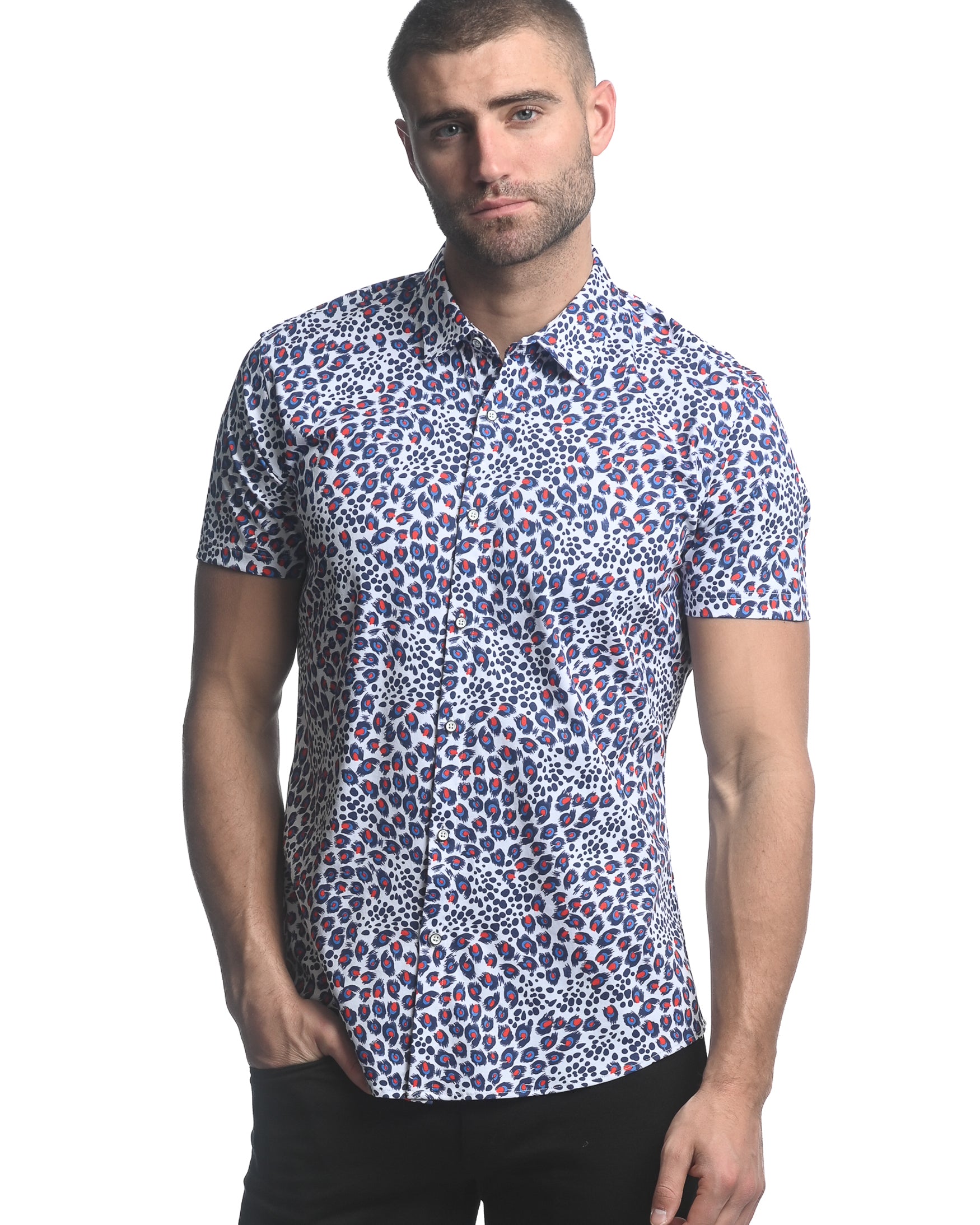 ROYAL/ RED JUNGLE PRINTED STRETCH JERSEY KNIT SHORT SLEEVE SHIRT  ST-9281
