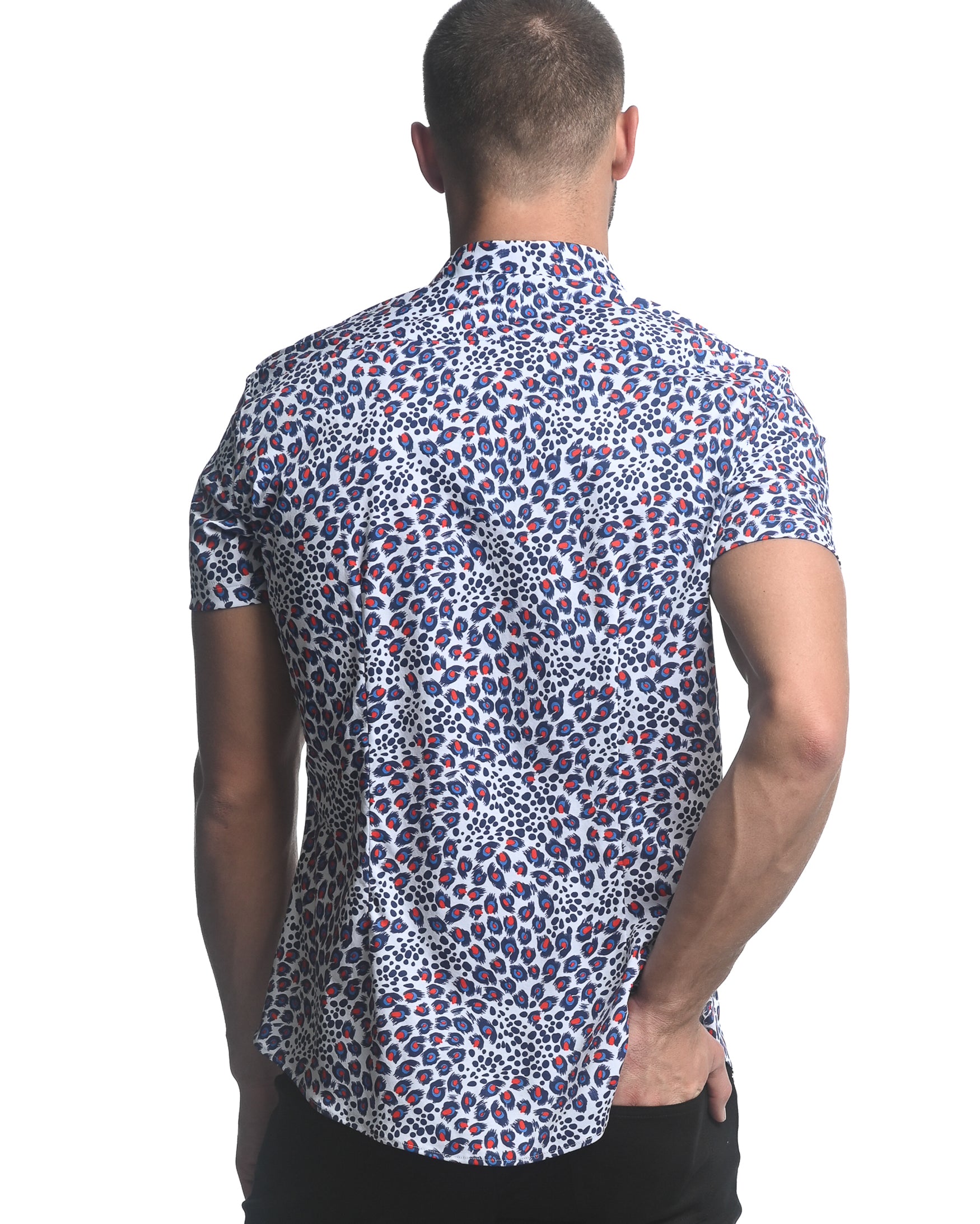 ROYAL/ RED JUNGLE PRINTED STRETCH JERSEY KNIT SHORT SLEEVE SHIRT  ST-9281