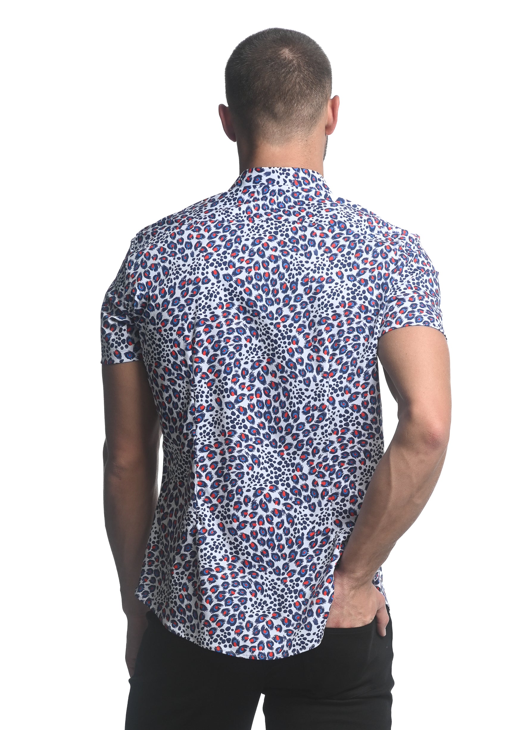ROYAL/ RED JUNGLE PRINTED STRETCH JERSEY KNIT SHORT SLEEVE SHIRT  ST-9281