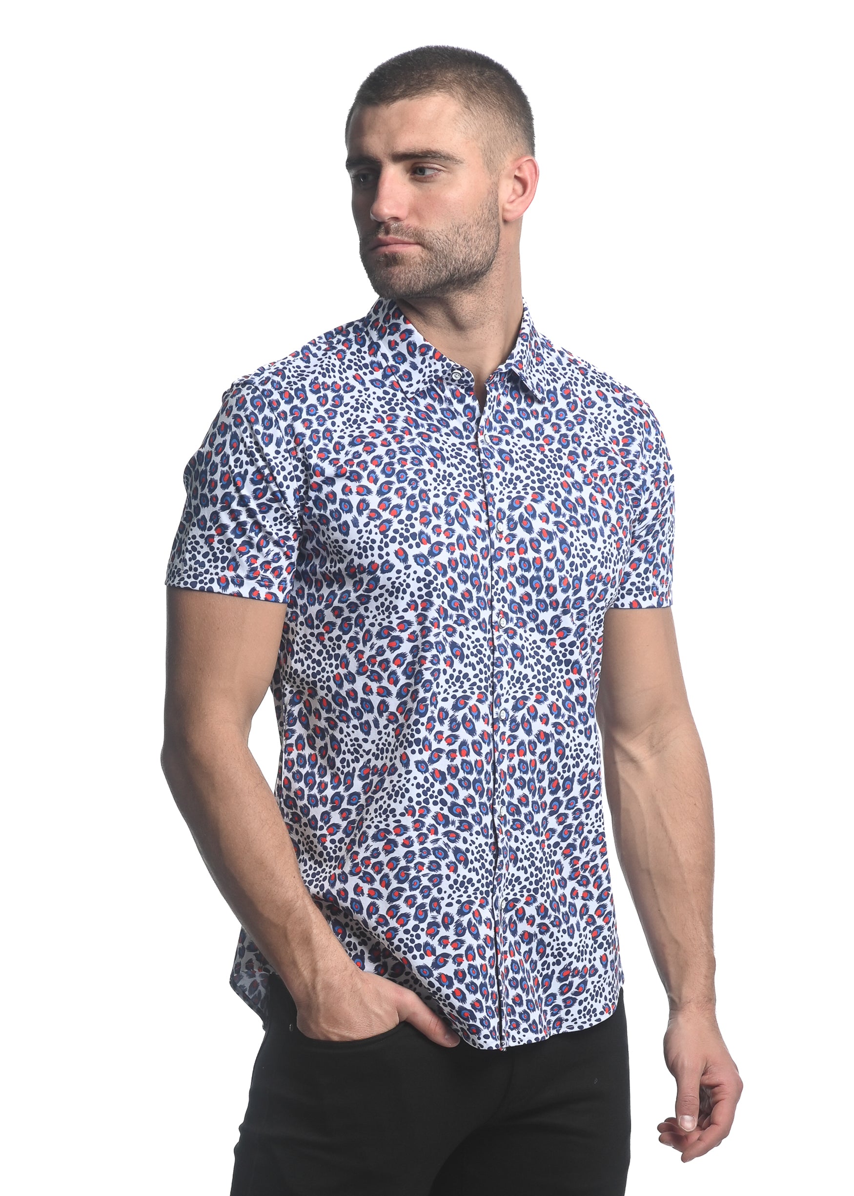 ROYAL/ RED JUNGLE PRINTED STRETCH JERSEY KNIT SHORT SLEEVE SHIRT  ST-9281