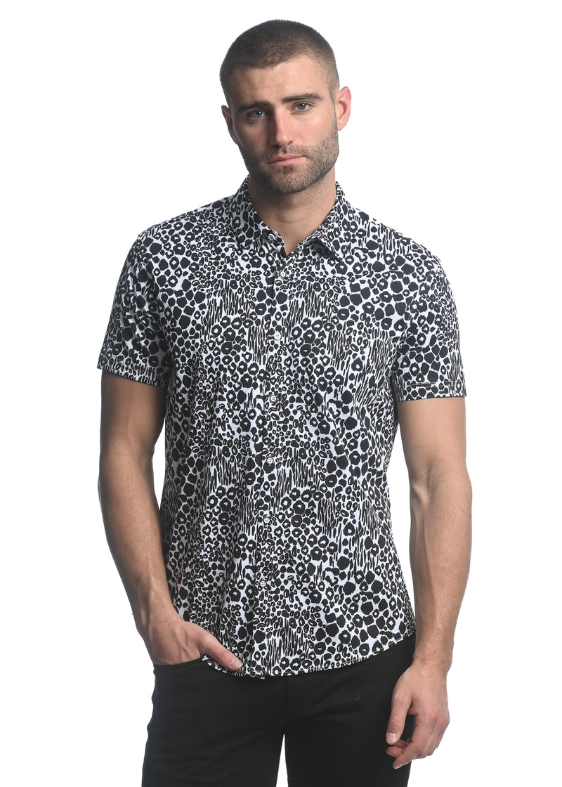 BLACK/ WHITE WILD SAFARI PRINTED STRETCH JERSEY KNIT SHORT SLEEVE SHIRT ST-9282