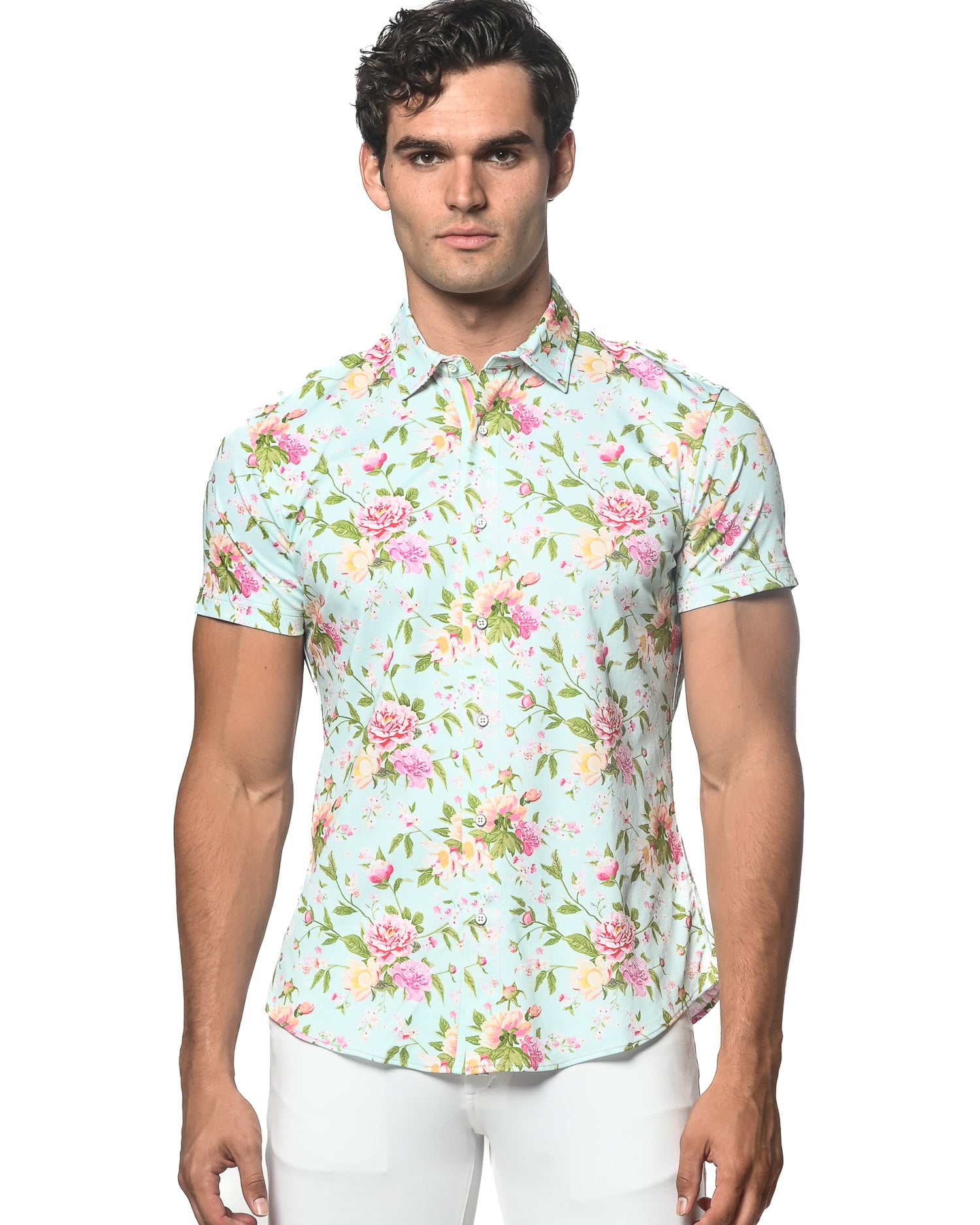 ARCTIC/AZALEA FLORAL PRINTED STRETCH JERSEY KNIT SHORT SLEEVE SHIRT ST-9283