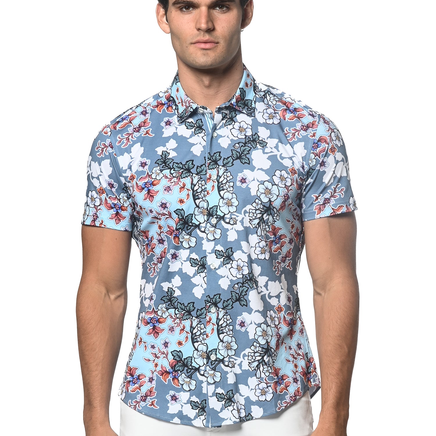 SLATE BLUE ORCHIDS PRINTED STRETCH JERSEY KNIT SHORT SLEEVE SHIRT ST-9286