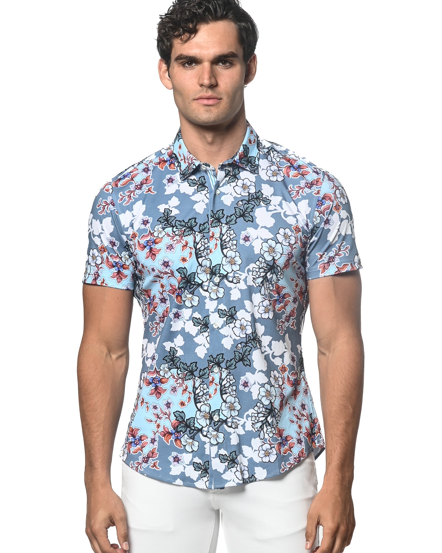 SLATE BLUE ORCHIDS PRINTED STRETCH JERSEY KNIT SHORT SLEEVE SHIRT ST-9286