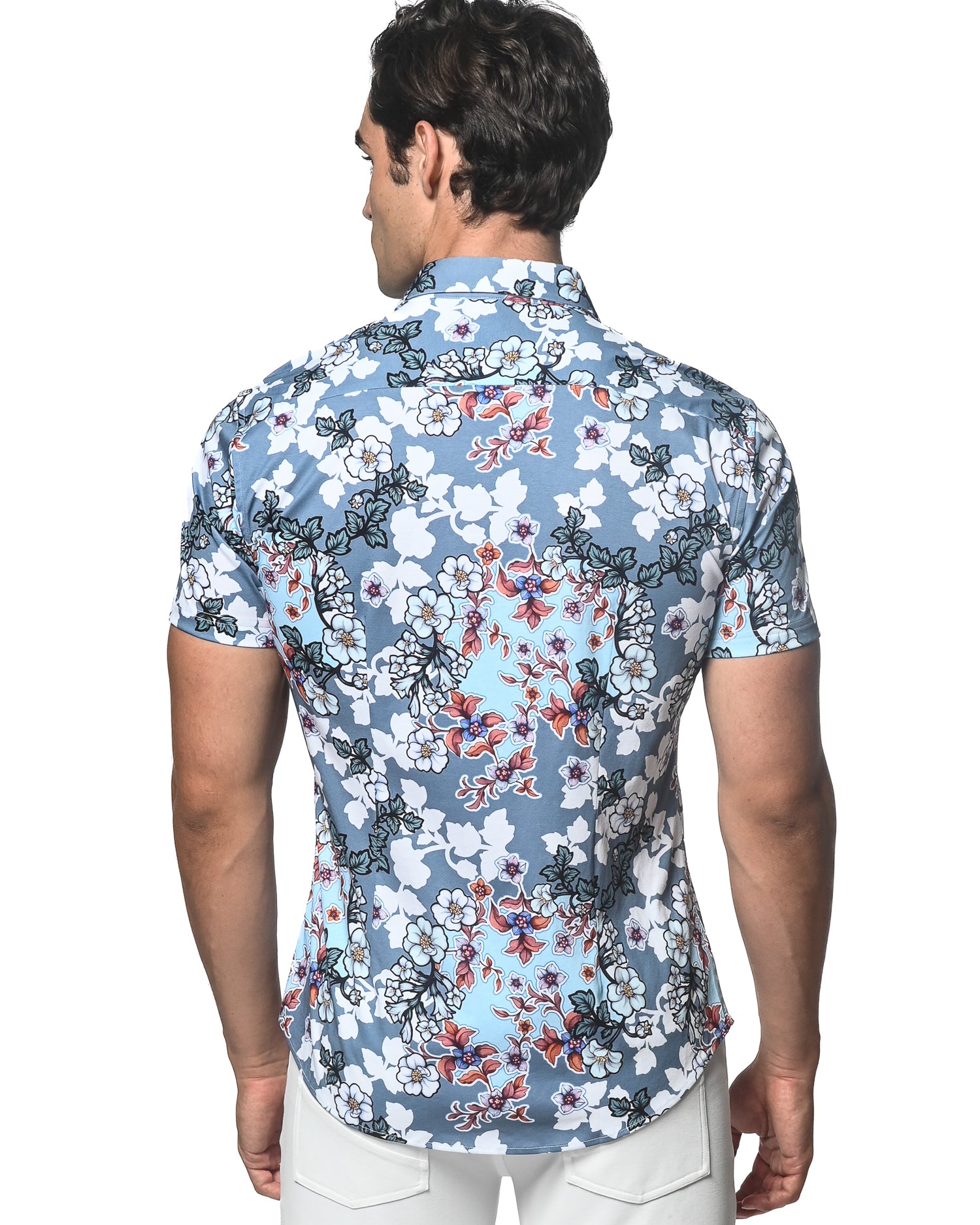 SLATE BLUE ORCHIDS PRINTED STRETCH JERSEY KNIT SHORT SLEEVE SHIRT ST-9286