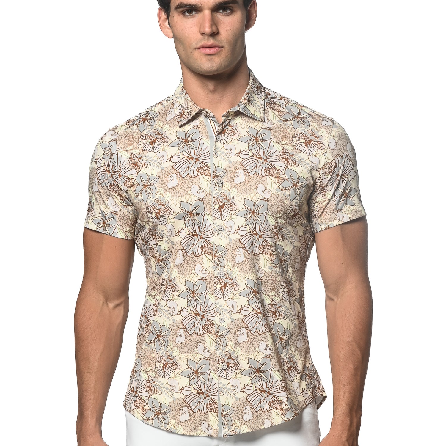 ALOE/BUTTER SCRIBBLES PRINTED STRETCH JERSEY KNIT SHORT SLEEVE SHIRT ST-9287
