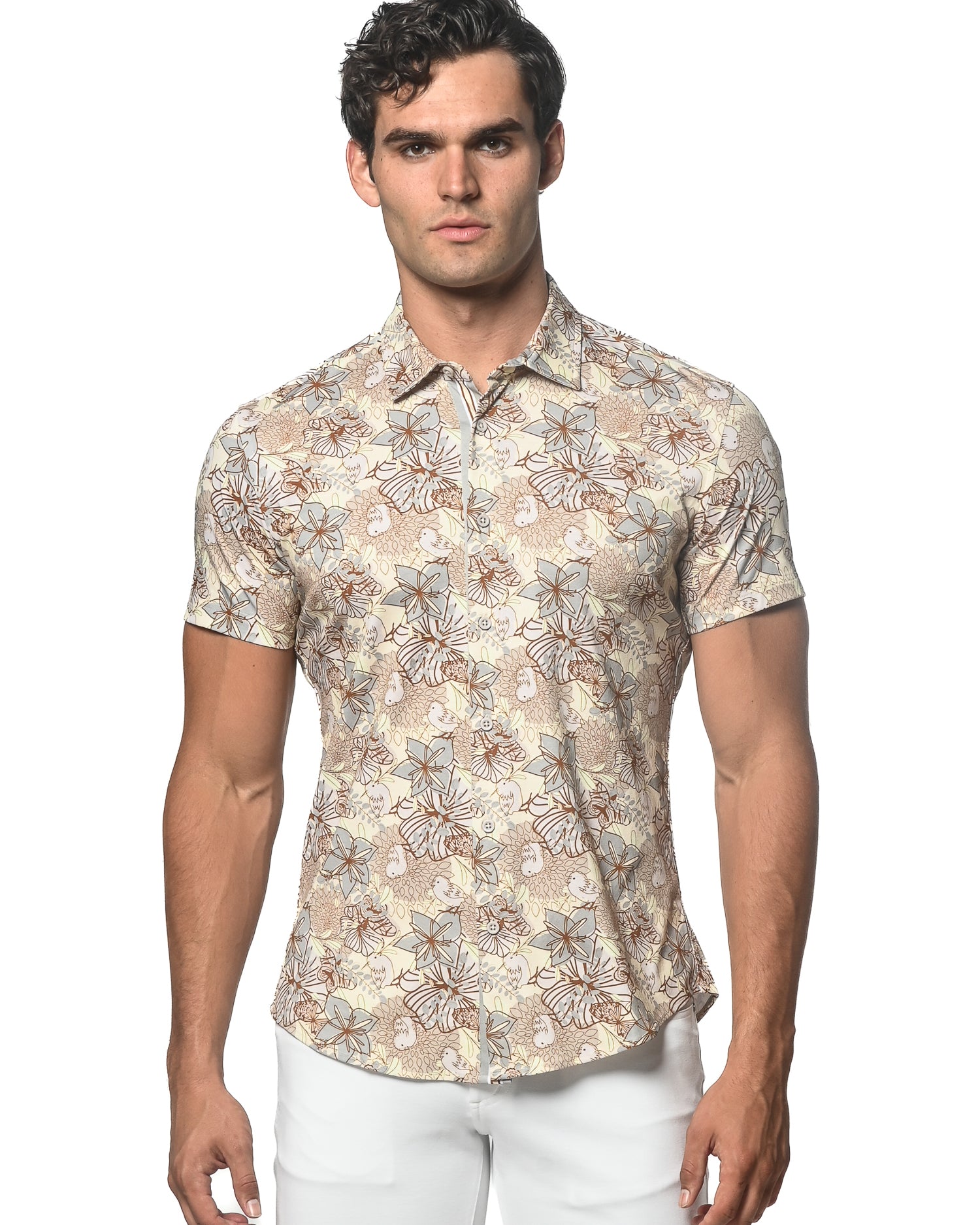 ALOE/BUTTER SCRIBBLES PRINTED STRETCH JERSEY KNIT SHORT SLEEVE SHIRT ST-9287