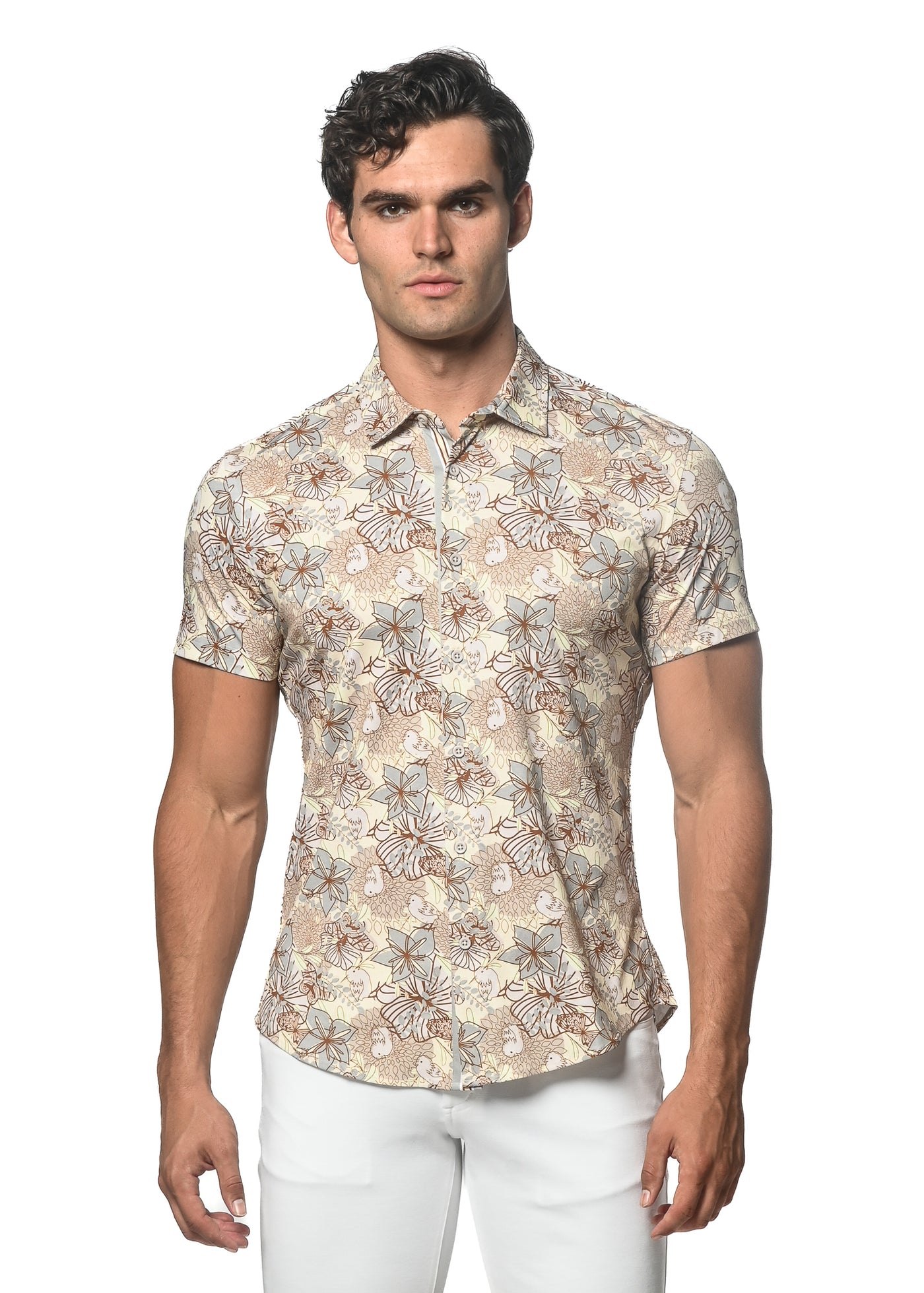 Aloe/Butter Scribbles Printed Stretch Jersey Knit Short Sleeve Shirt