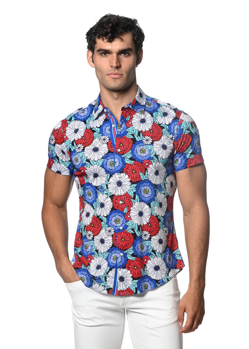 Teal/Purple Floral Printed Knit Jersey Short Sleeve Shirt Seamless Teal/Purple Floral Printed Knit Jersey Short Sleeve Shirt Seamless
