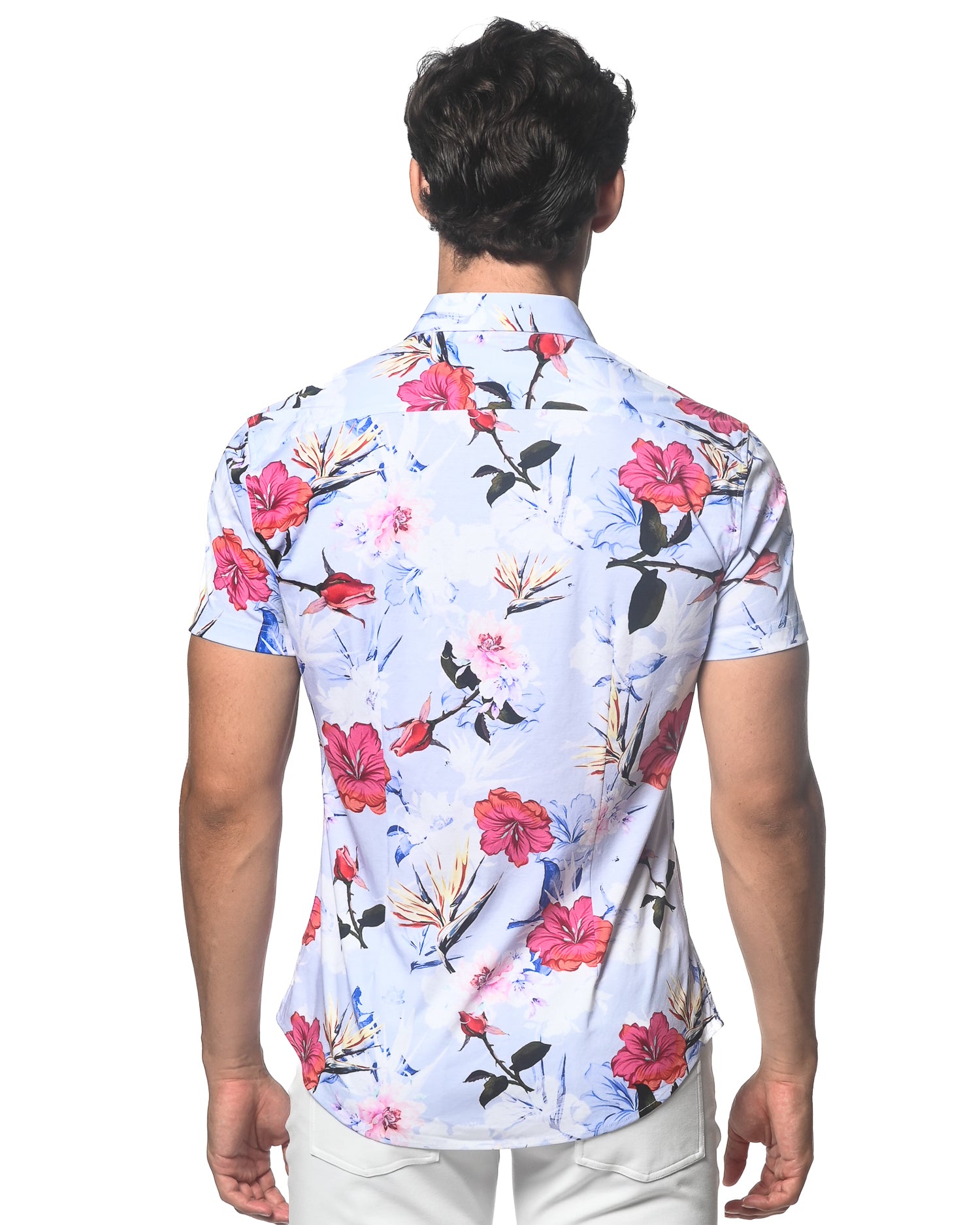 PERIWINKLE HIBISCUS PRINTED KNIT JERSEY SHORT SLEEVE SHIRT SEAMLESS PATTERN ST-9307