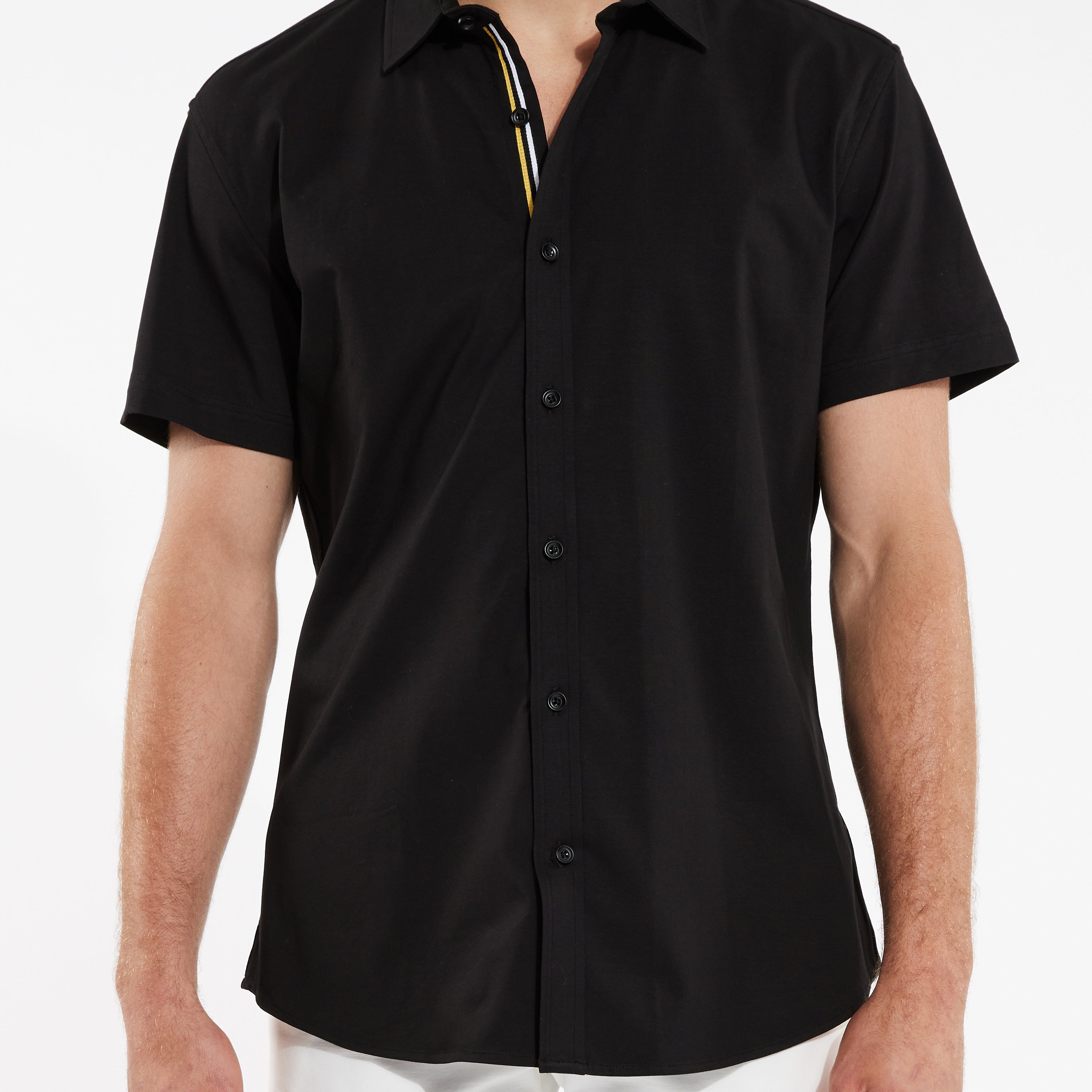 BLACK SOLID KNIT STRETCH SHORT SLEEVE SHIRT W/ PLACKET TAPE DETAIL ST-962