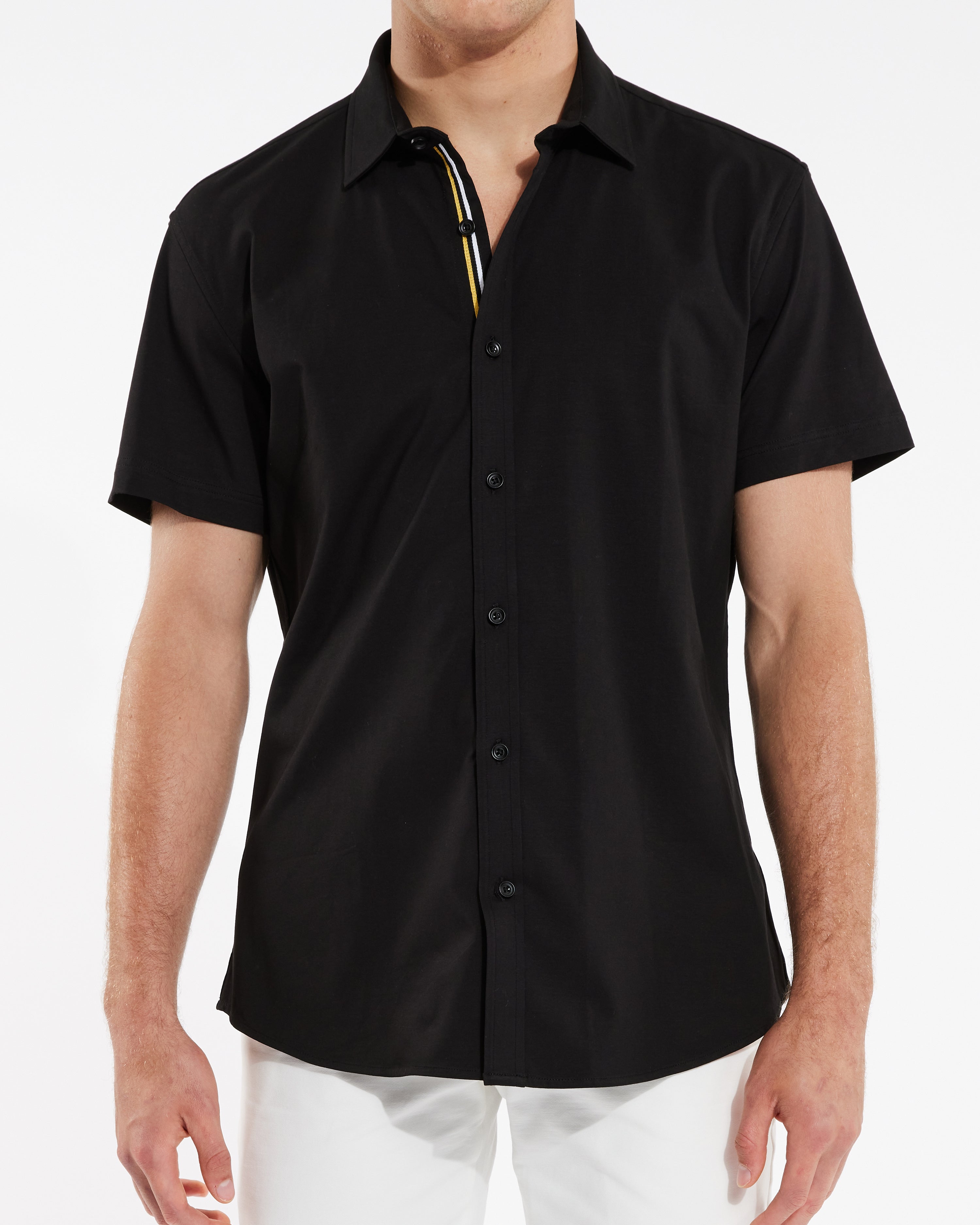 BLACK SOLID KNIT STRETCH SHORT SLEEVE SHIRT W/ PLACKET TAPE DETAIL ST-962