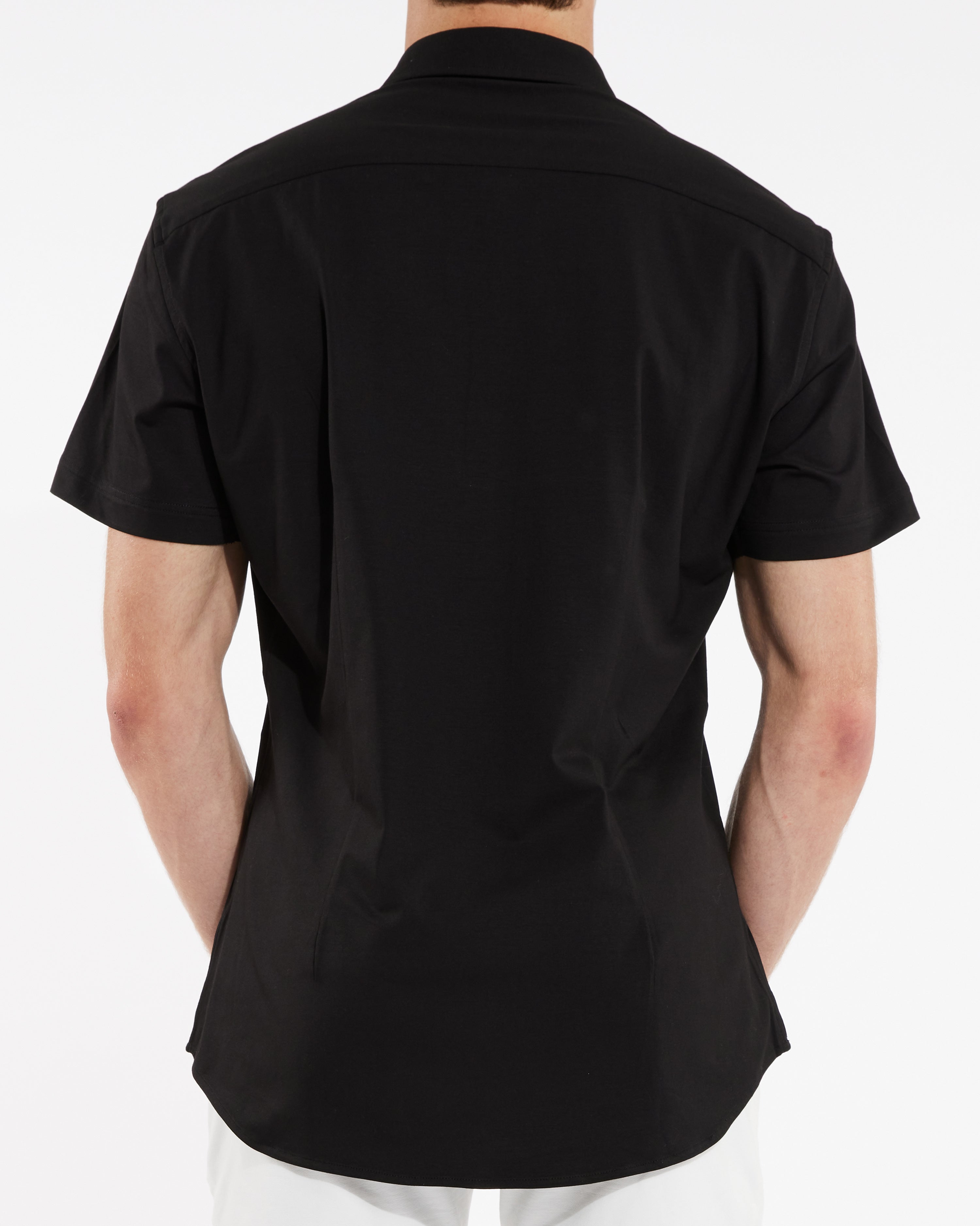 BLACK SOLID KNIT STRETCH SHORT SLEEVE SHIRT W/ PLACKET TAPE DETAIL ST-962