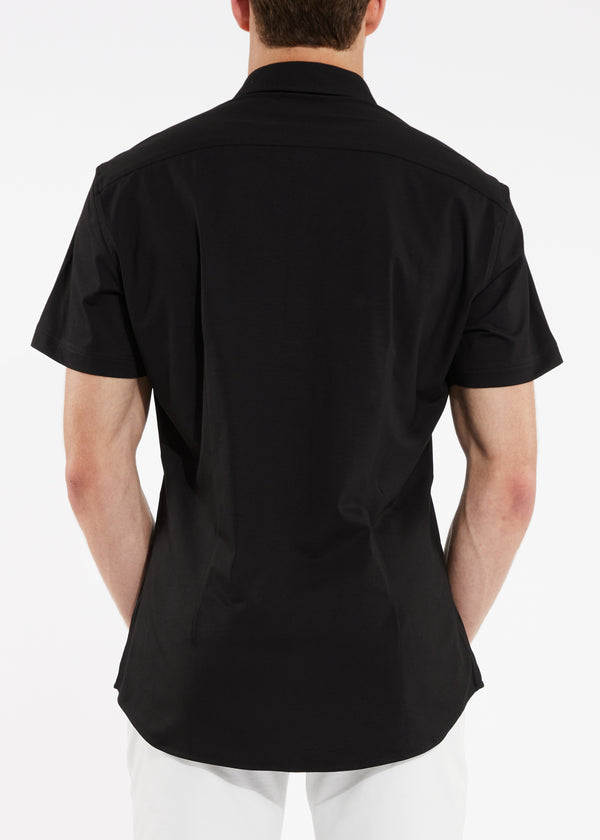 BLACK SOLID KNIT STRETCH SHORT SLEEVE SHIRT W/ PLACKET TAPE DETAIL ST-962