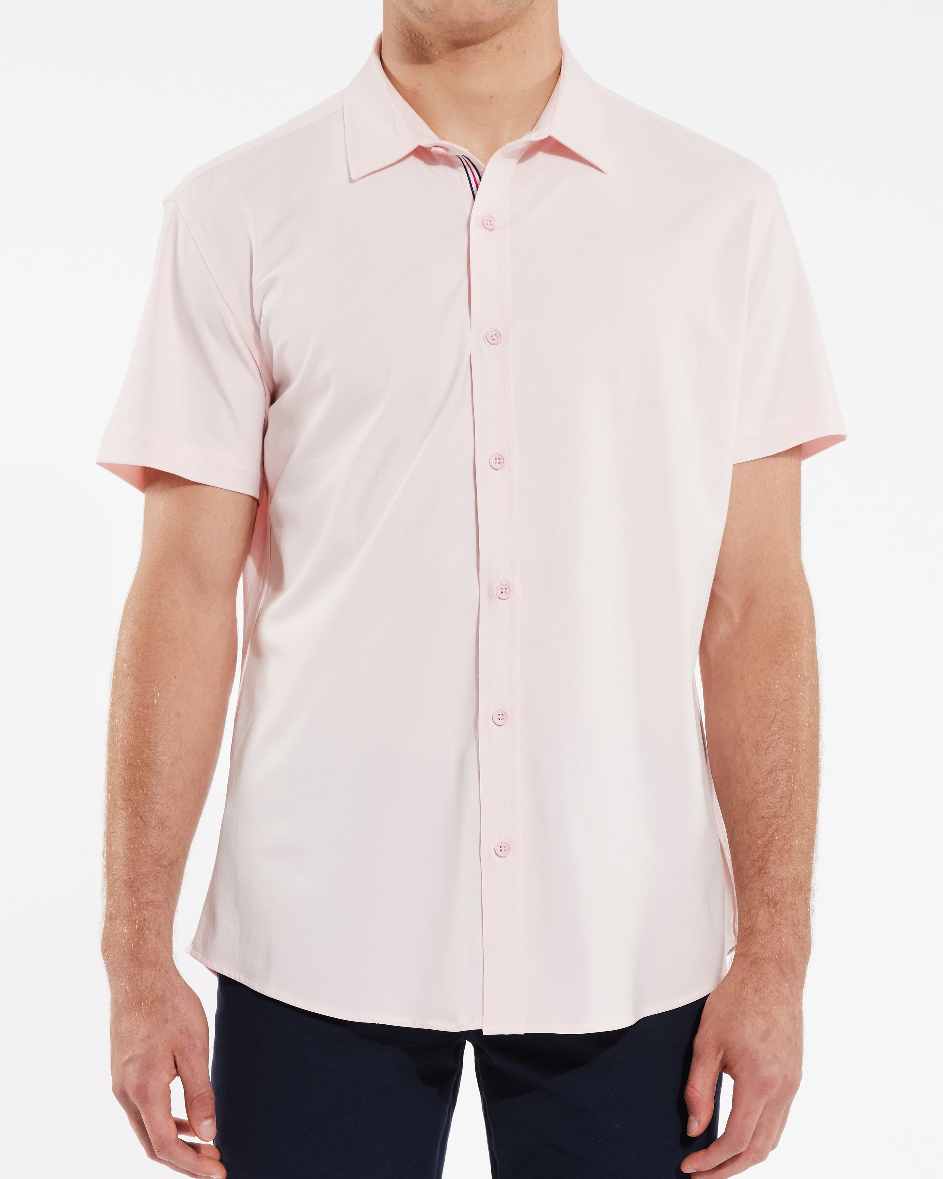 PINK SOLID KNIT STRETCH SHORT SLEEVE SHIRT W/ PLACKET TAPE DETAIL ST-962