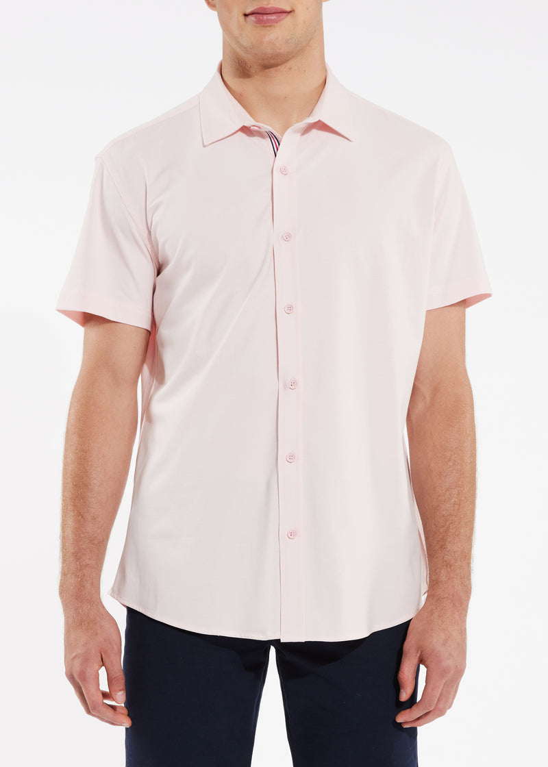 PINK SOLID KNIT STRETCH SHORT SLEEVE SHIRT W/ PLACKET TAPE DETAIL ST-962