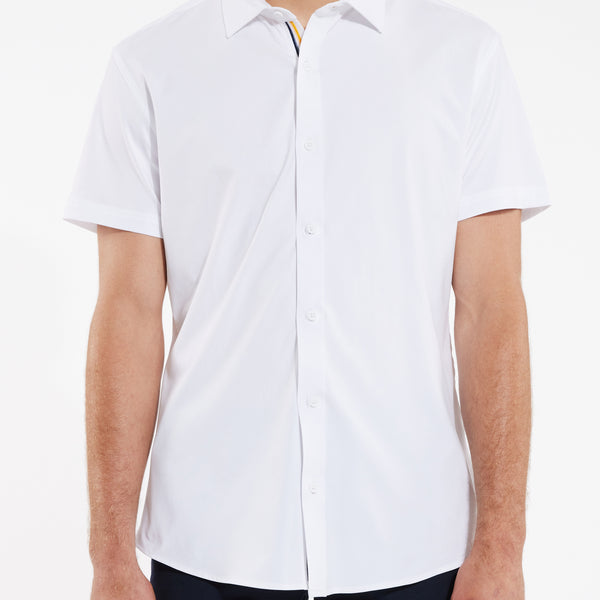 men dress shirt short sleeve white thick Non-Iron Spread Collar Shirt-  Petit Clair 97% Cotton (Better Cotton) WHITE SOLID KNIT STRETCH SHORT