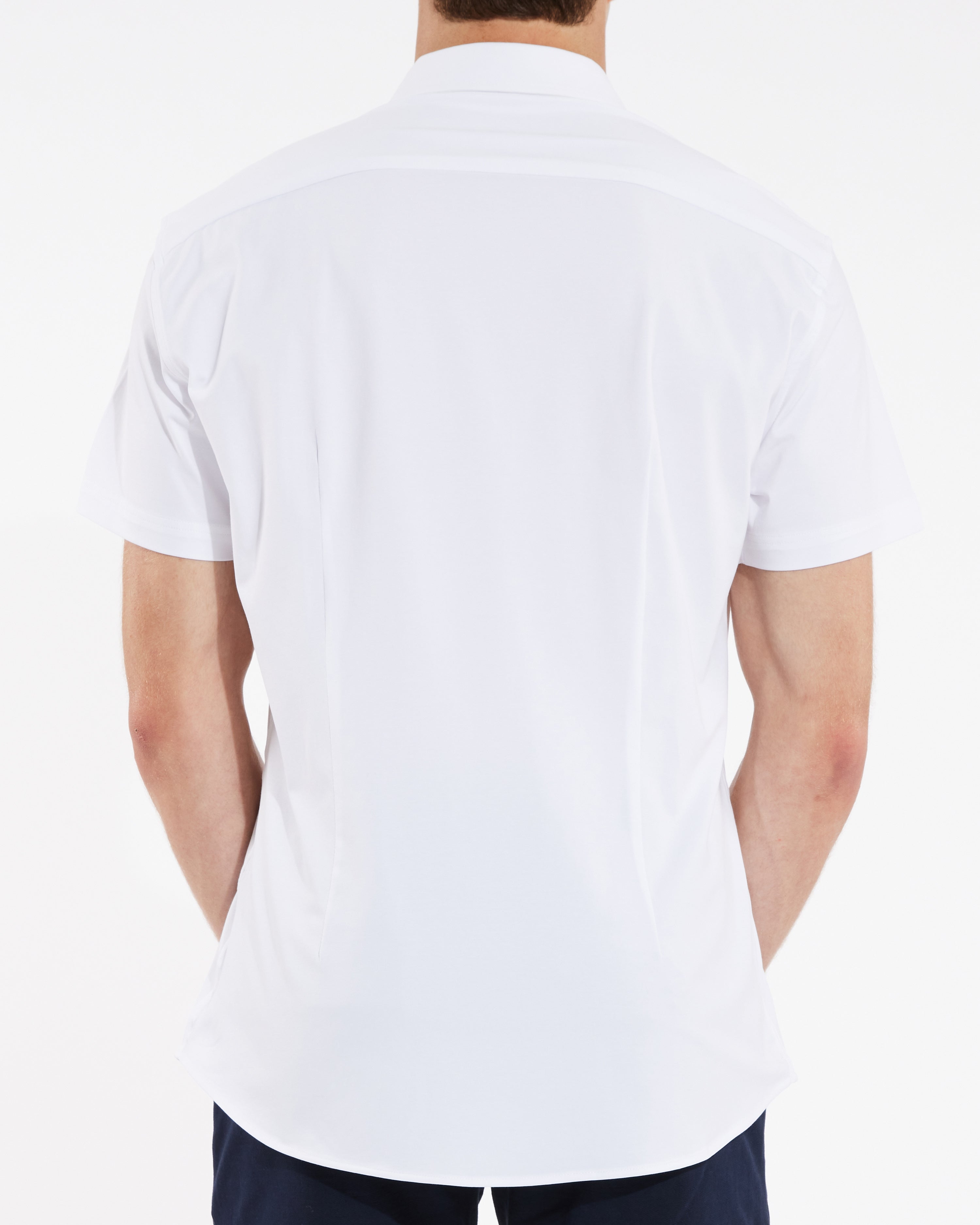 WHITE SOLID KNIT STRETCH SHORT SLEEVE SHIRT W/ PLACKET TAPE DETAIL ST-962