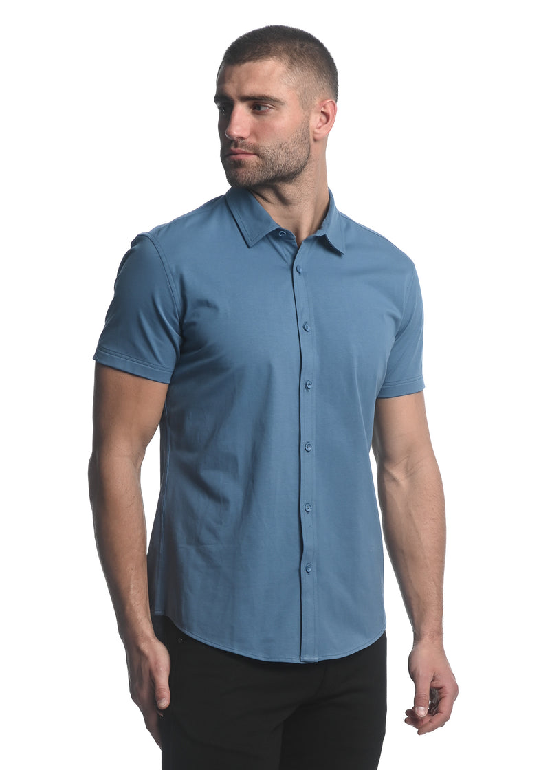 DOLPHIN BLUE SOLID STRETCH JERSEY KNIT SHORT SLEEVE SHIRT ST-963