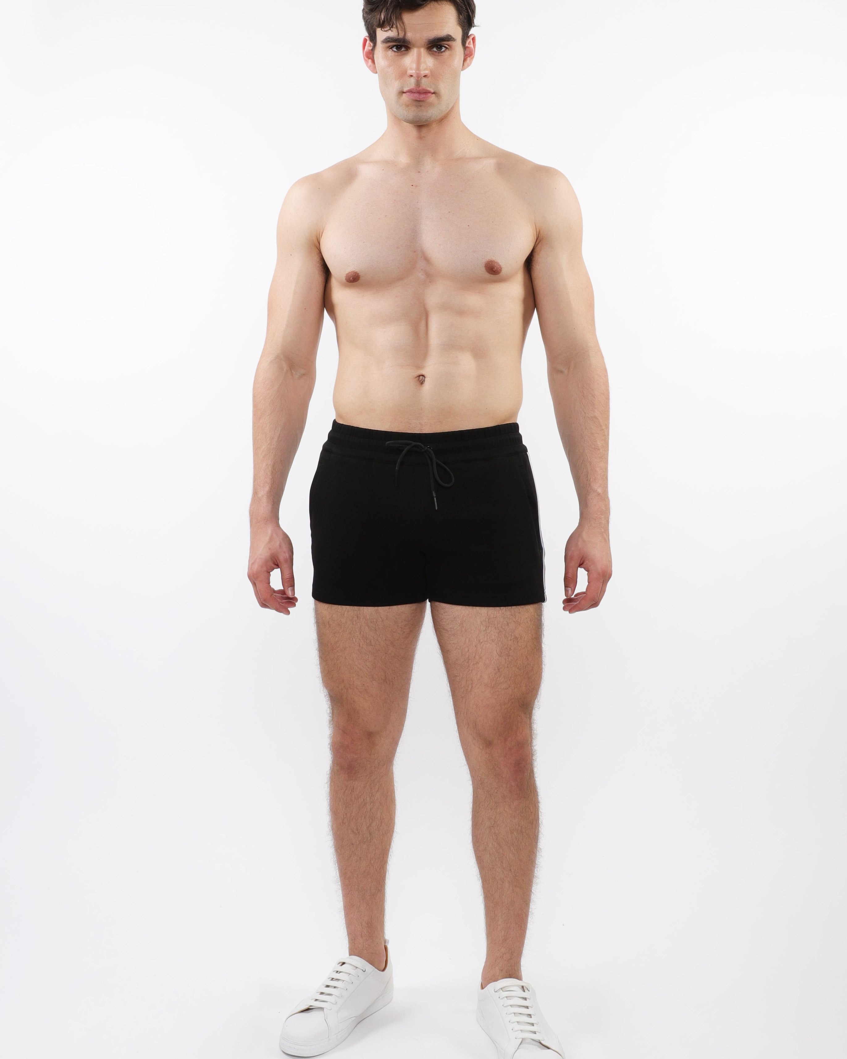 BLACK 3.5" INSEAM RETRO STRETCH KNIT GYM SHORTS W/ SIDE TAPING ST-1051
