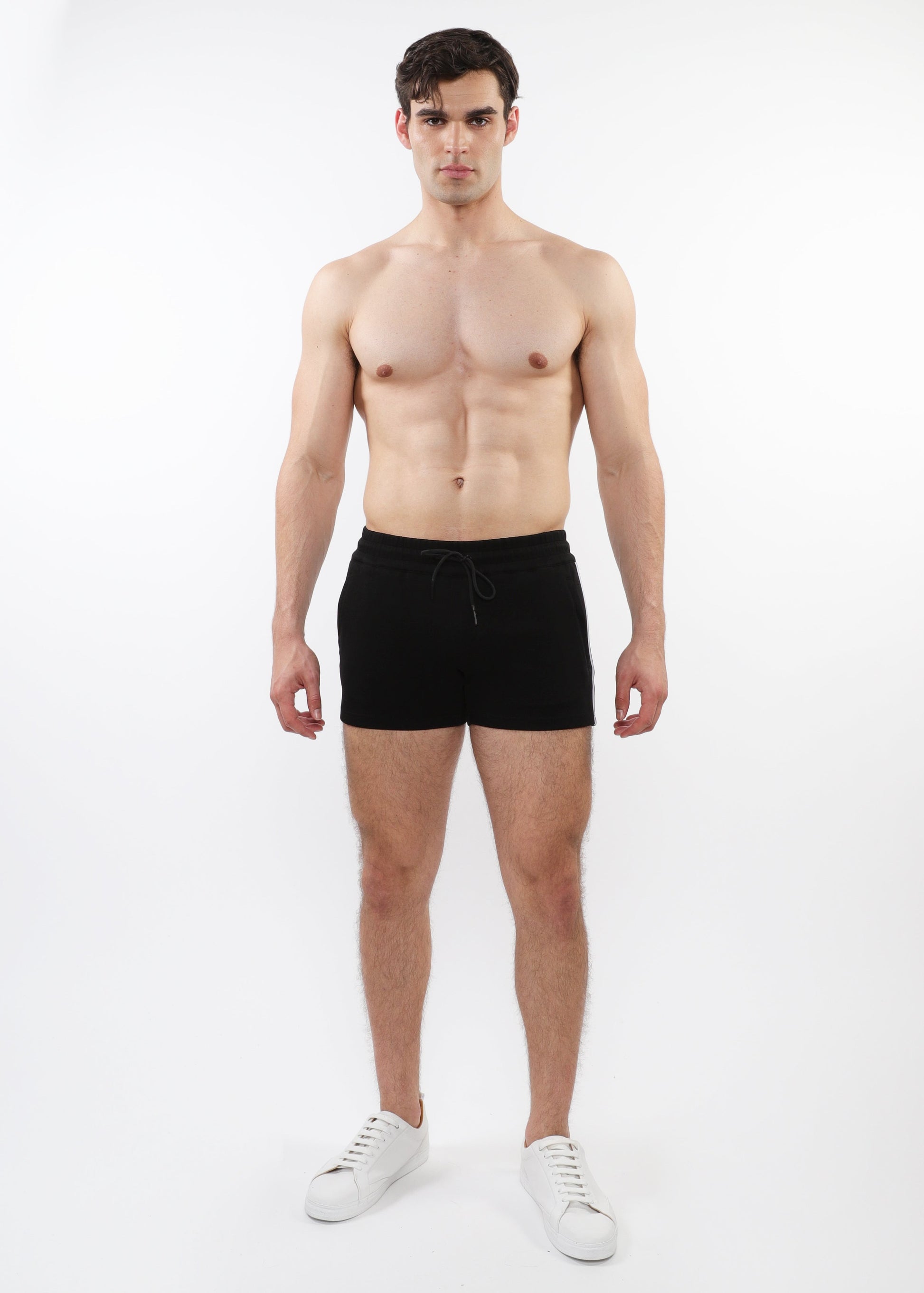 BLACK 3.5" INSEAM RETRO STRETCH KNIT GYM SHORTS W/ SIDE TAPING ST-1051