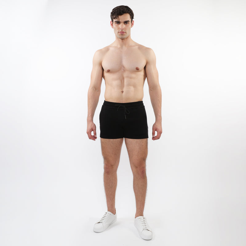 BLACK 3.5" INSEAM RETRO STRETCH KNIT GYM SHORTS W/ SIDE TAPING ST-10510