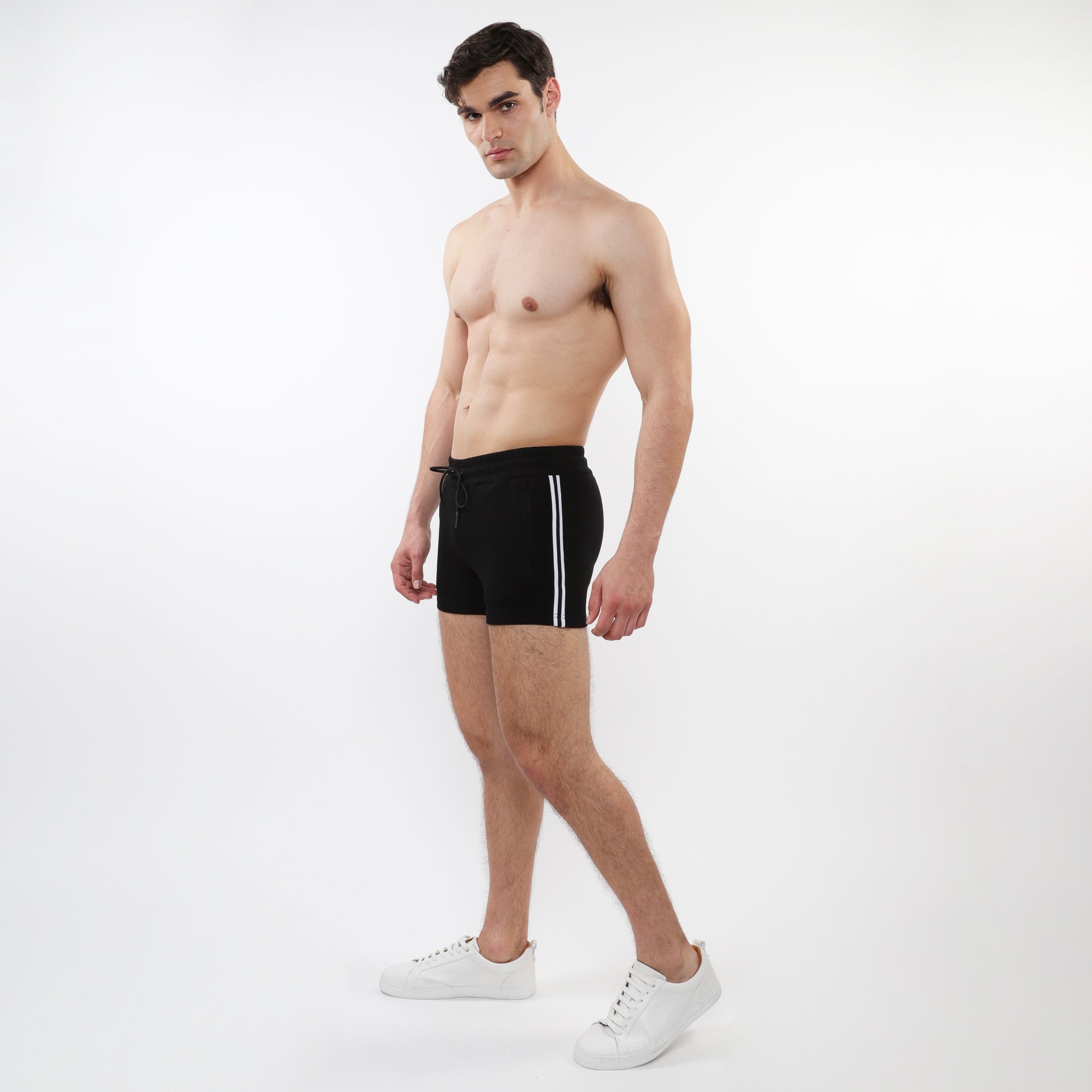 BLACK 3.5" INSEAM RETRO STRETCH KNIT GYM SHORTS W/ SIDE TAPING ST-1051