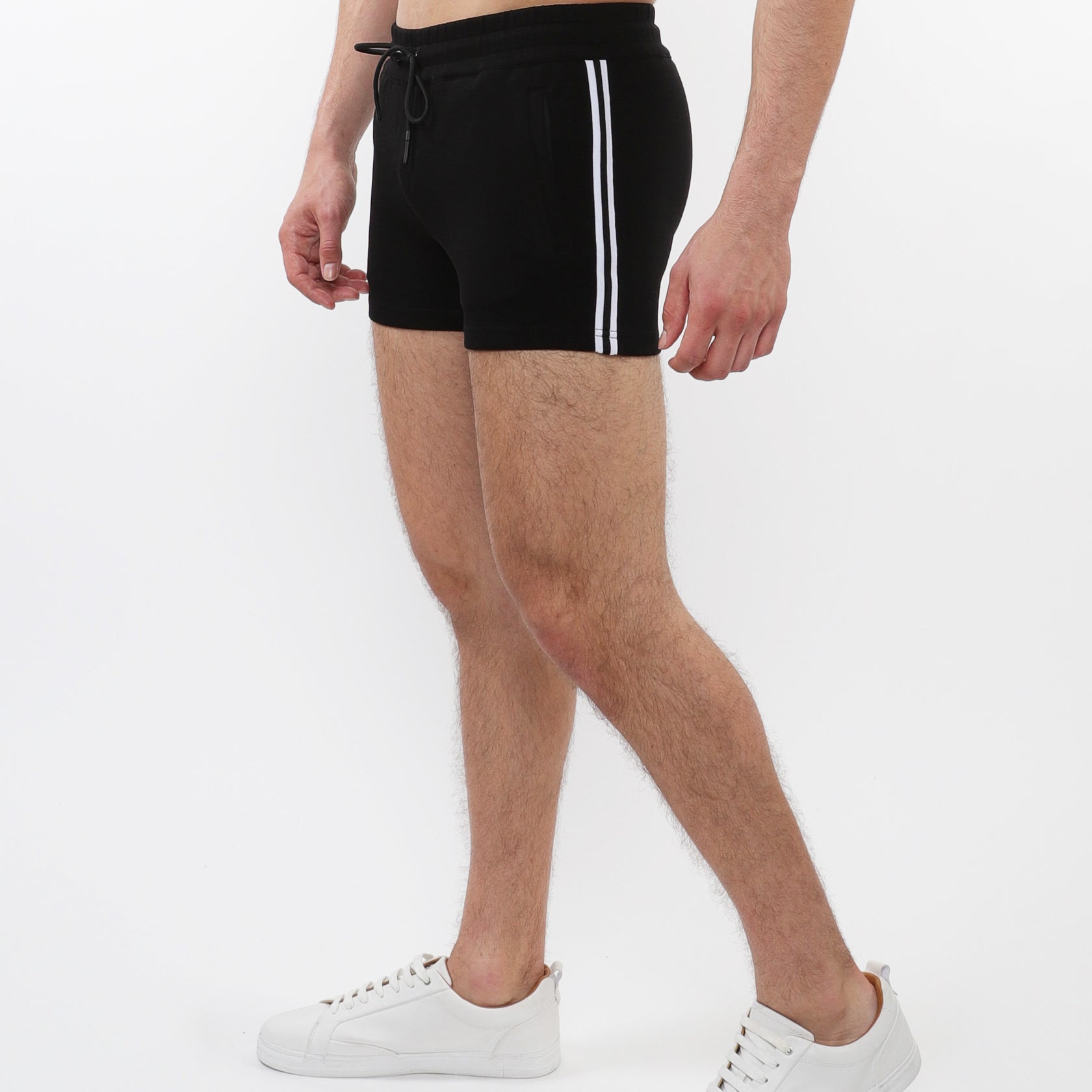 BLACK 3.5" INSEAM RETRO STRETCH KNIT GYM SHORTS W/ SIDE TAPING ST-1051