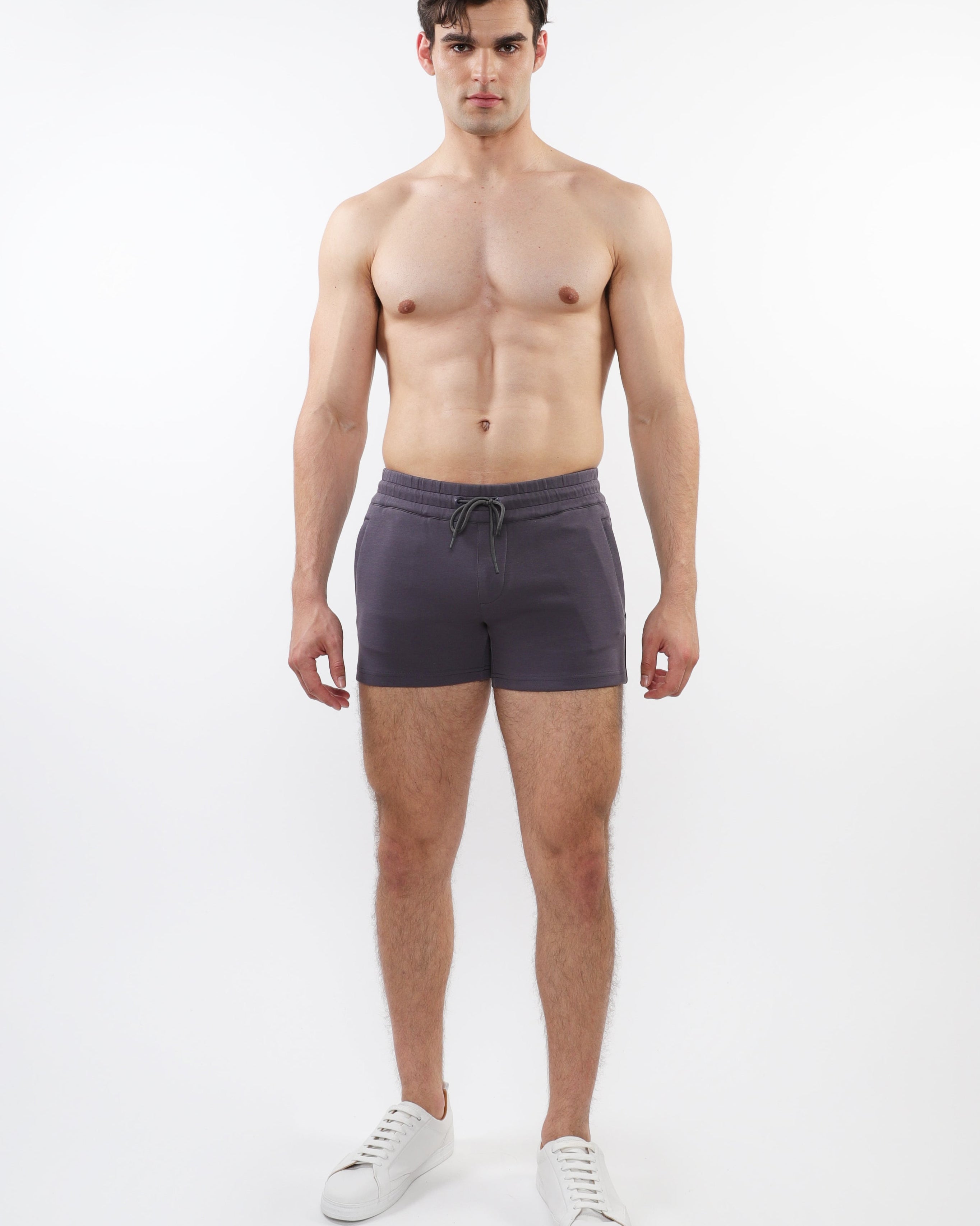 CHARCOAL 3.5" INSEAM RETRO STRETCH KNIT GYM SHORTS W/ SIDE TAPING ST-10510