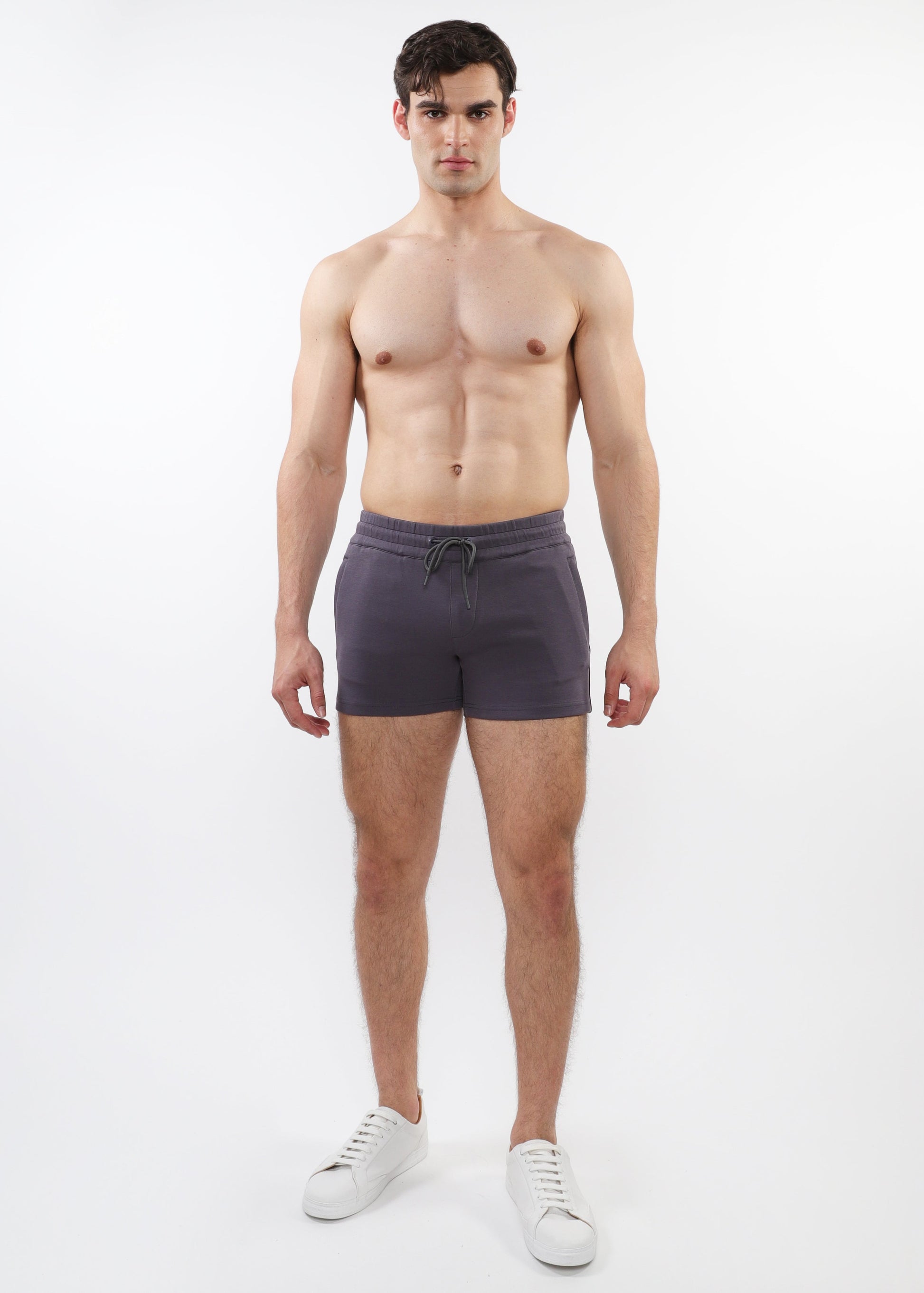 CHARCOAL 3.5" INSEAM RETRO STRETCH KNIT GYM SHORTS W/ SIDE TAPING ST-10510