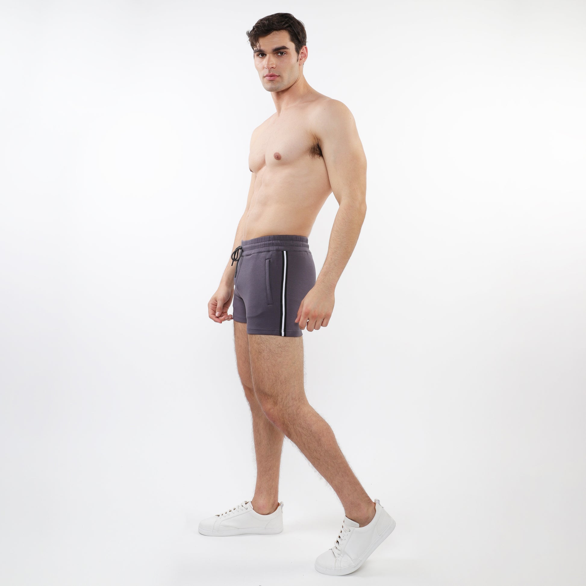 CHARCOAL 3.5" INSEAM RETRO STRETCH KNIT GYM SHORTS W/ SIDE TAPING ST-10510