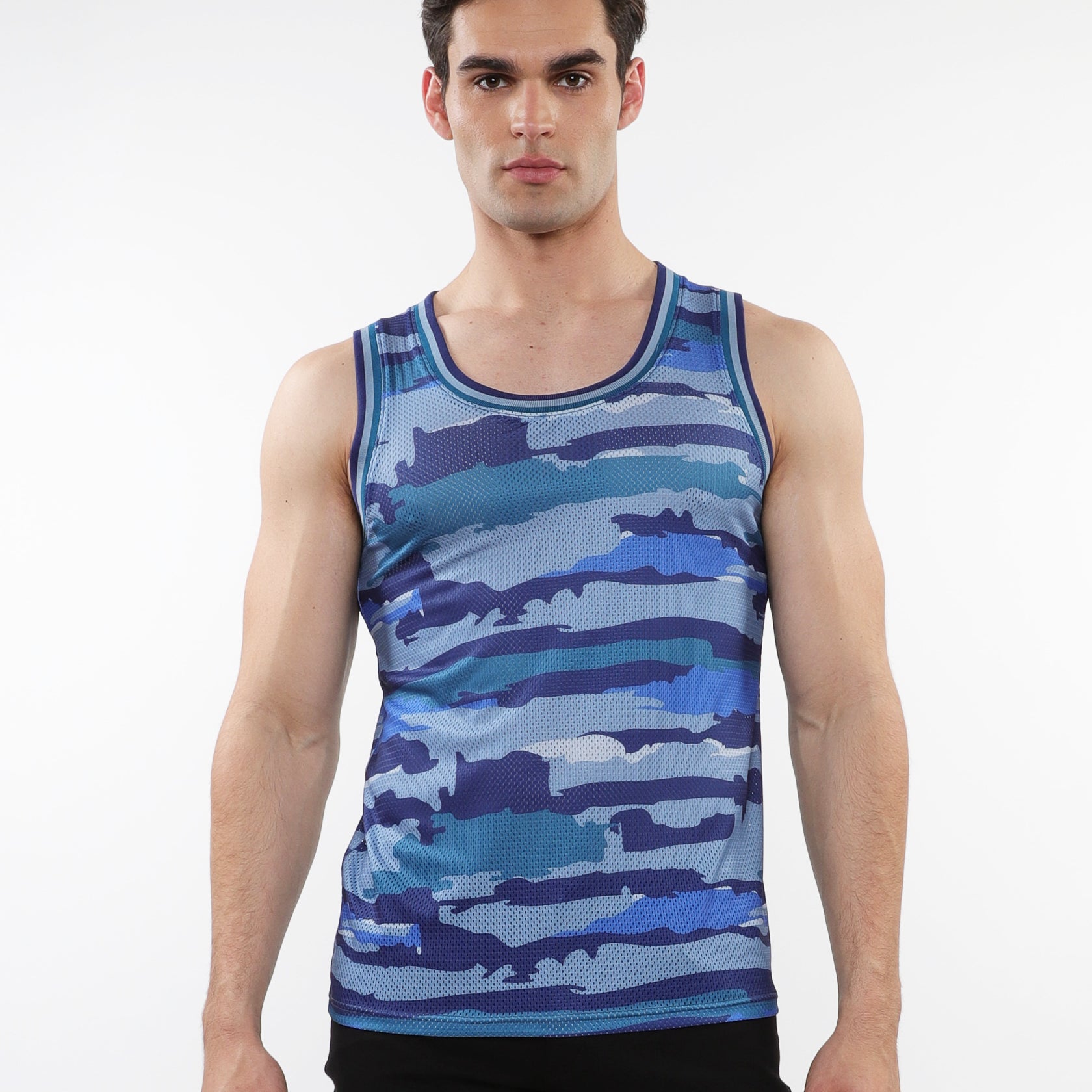 COBALT/SKY CAMO PRINTED STRETCH MESH TANK WITH STRIPE RIBBING ST-11122