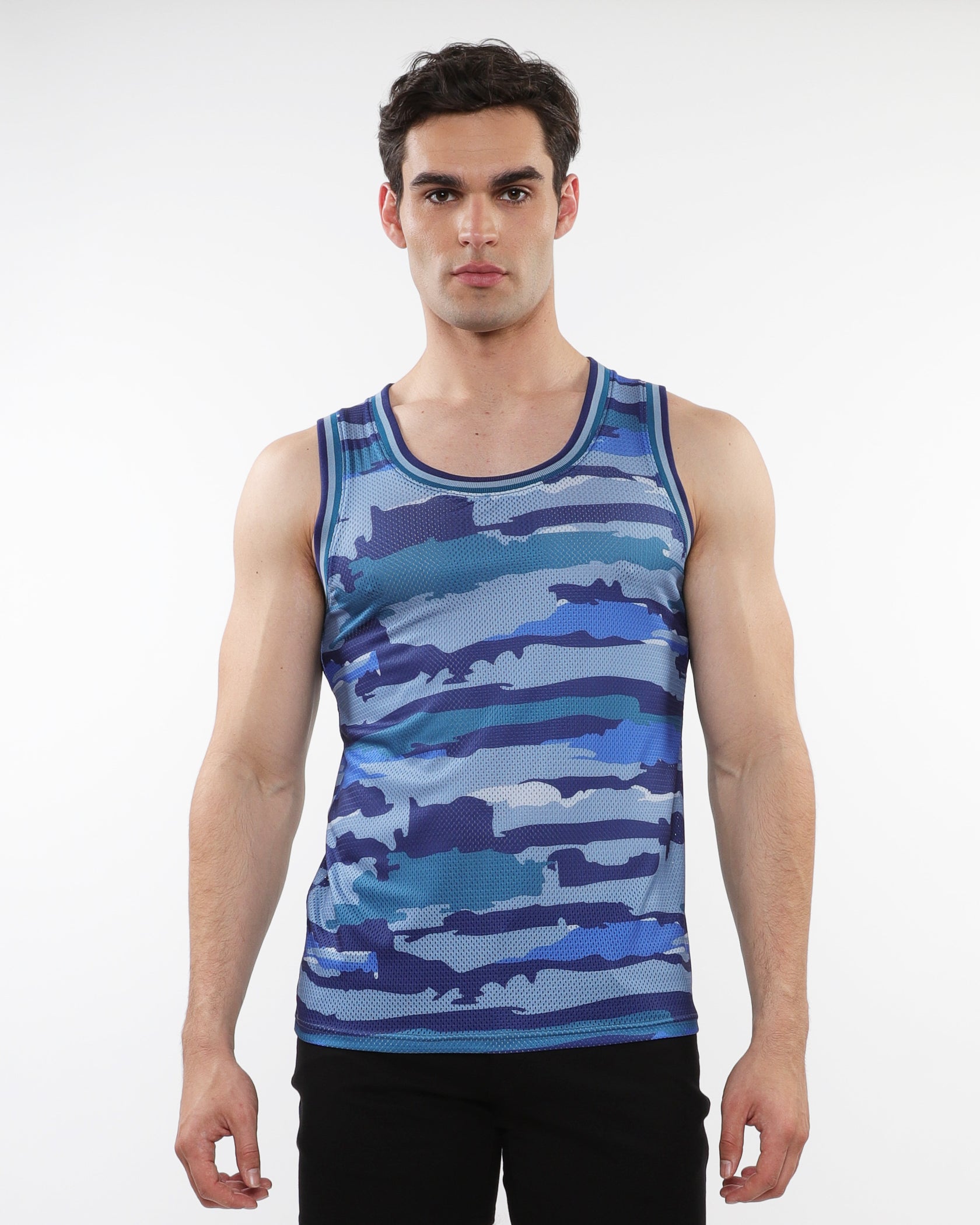 COBALT/SKY CAMO PRINTED STRETCH MESH TANK WITH STRIPE RIBBING ST-11122