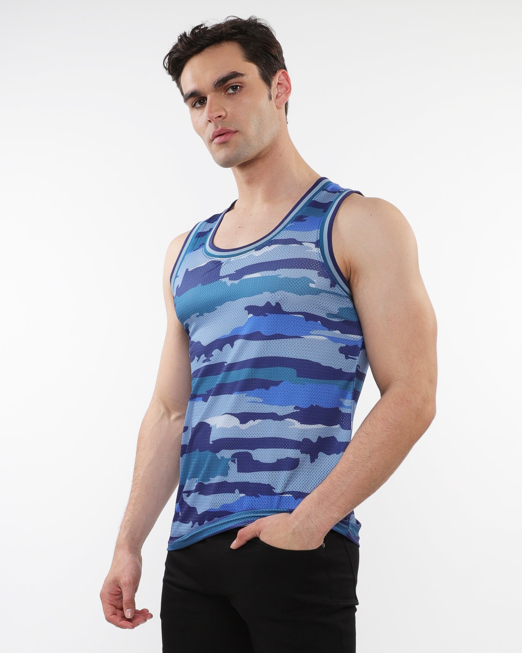 COBALT/SKY CAMO PRINTED STRETCH MESH TANK WITH STRIPE RIBBING ST-11122