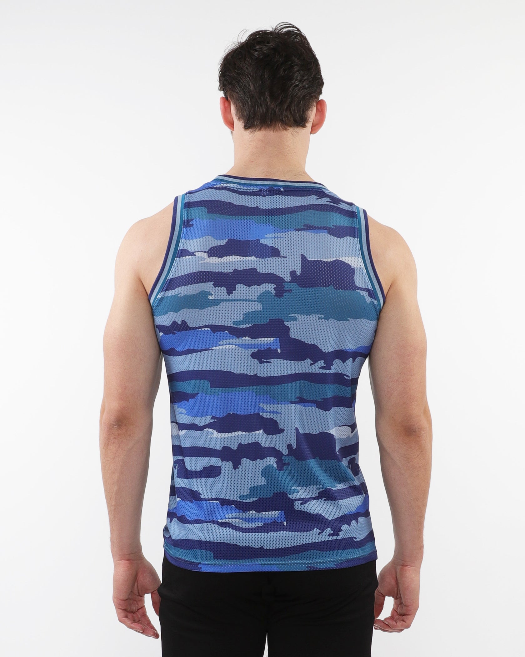COBALT/SKY CAMO PRINTED STRETCH MESH TANK WITH STRIPE RIBBING ST-11122
