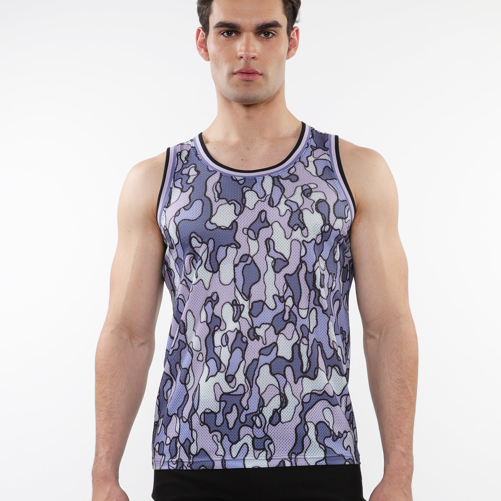 PURPLE/ PERIWINKLE CAMO PRINTED STRETCH MESH TANK WITH STRIPE RIBBING ST-11125