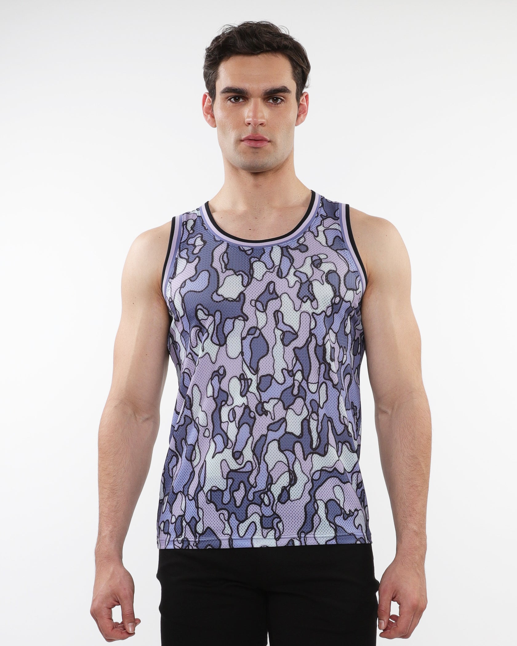PURPLE/ PERIWINKLE CAMO PRINTED STRETCH MESH TANK WITH STRIPE RIBBING ST-11125