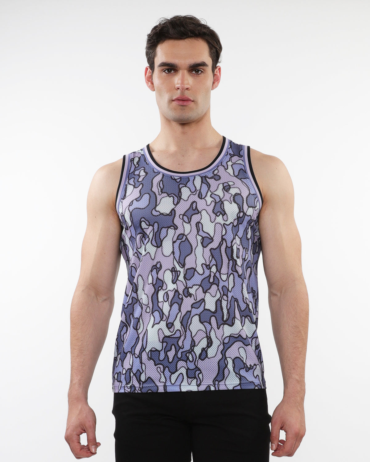 PURPLE/ PERIWINKLE CAMO PRINTED STRETCH MESH TANK WITH STRIPE RIBBING ST-11125