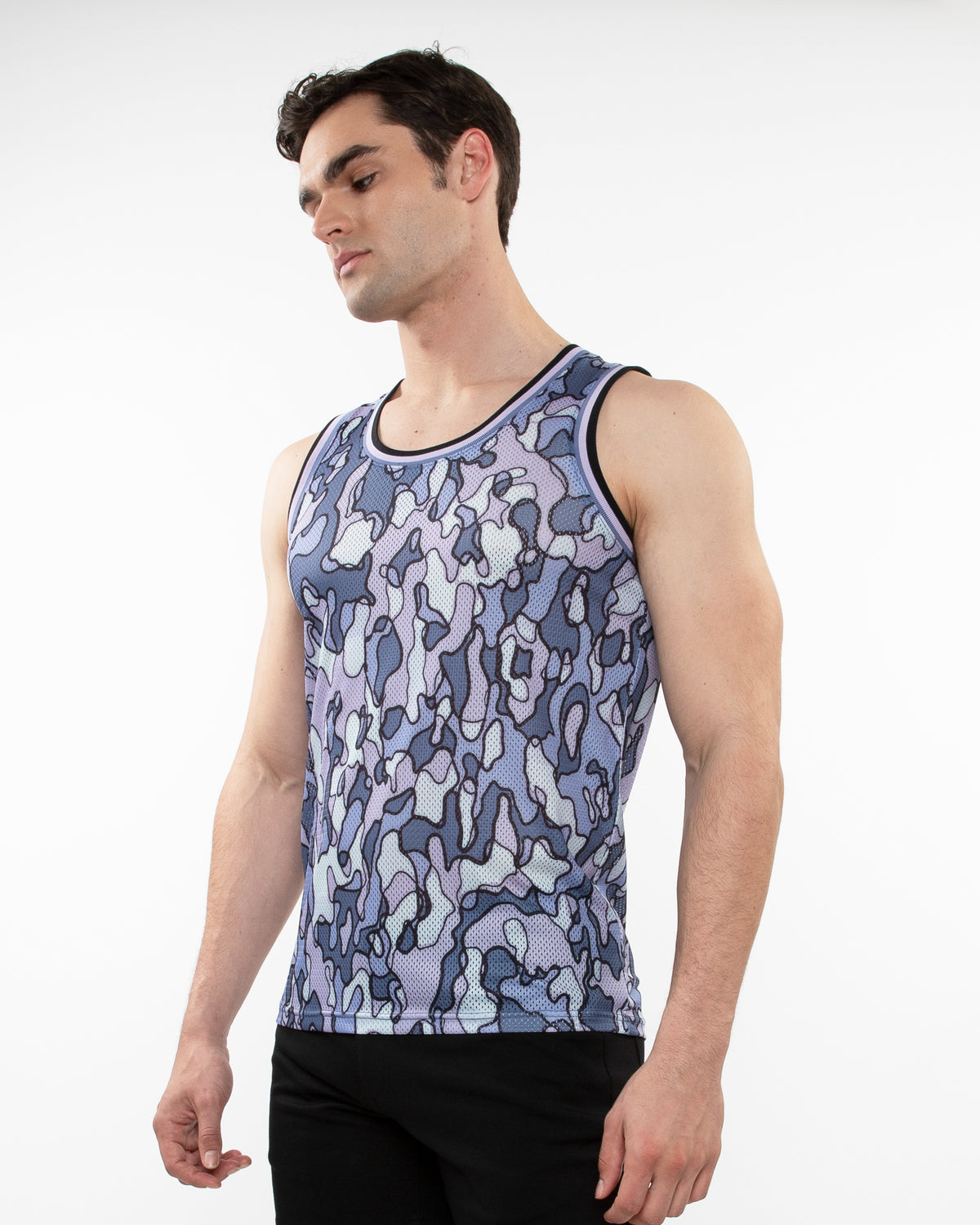 PURPLE/ PERIWINKLE CAMO PRINTED STRETCH MESH TANK WITH STRIPE RIBBING ST-11125