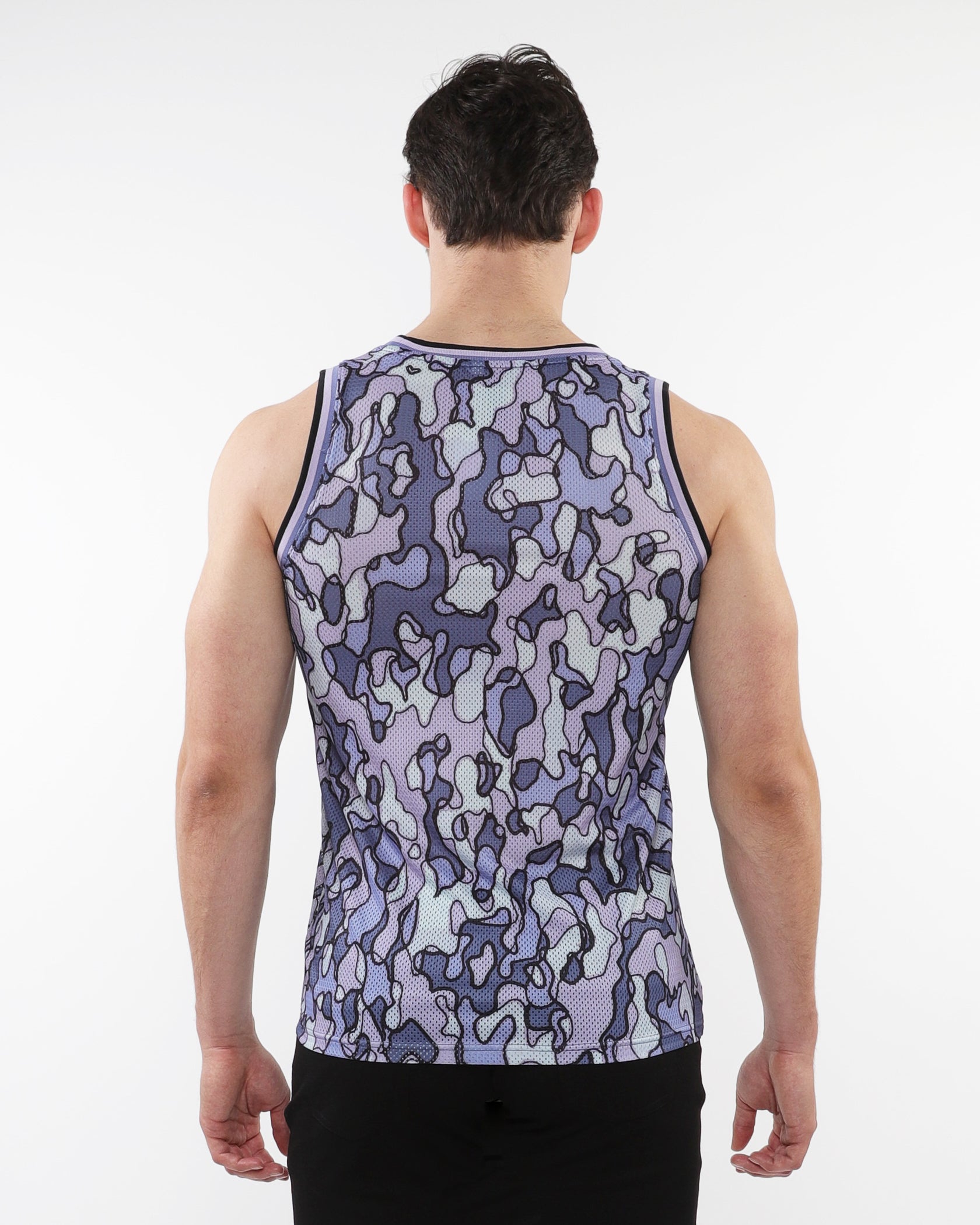 PURPLE/ PERIWINKLE CAMO PRINTED STRETCH MESH TANK WITH STRIPE RIBBING ST-11125