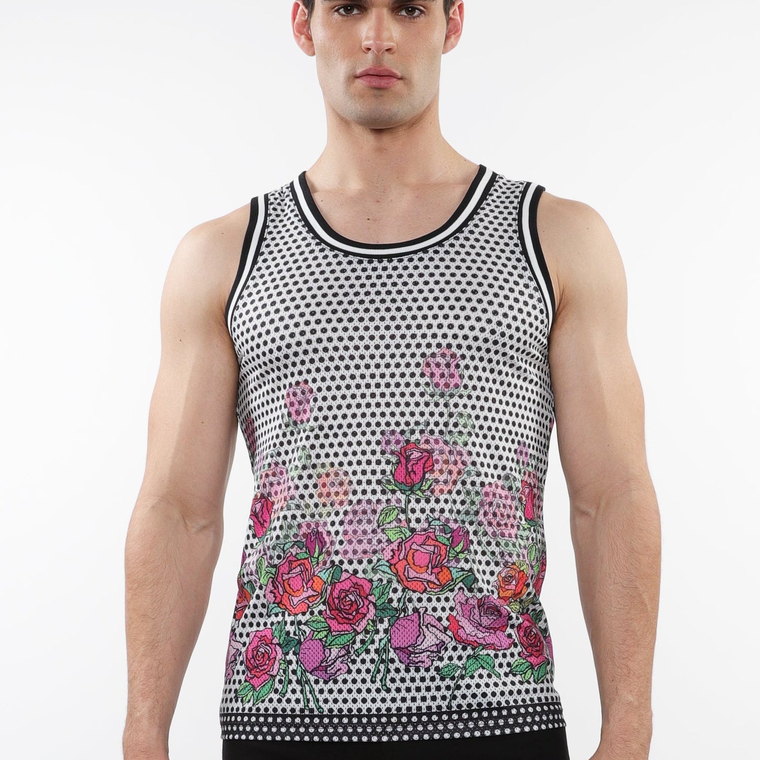 BLACK/FUCHSIA FLORAL PRINTED STRETCH MESH TANK WITH STRIPE RIBBING ST-11126