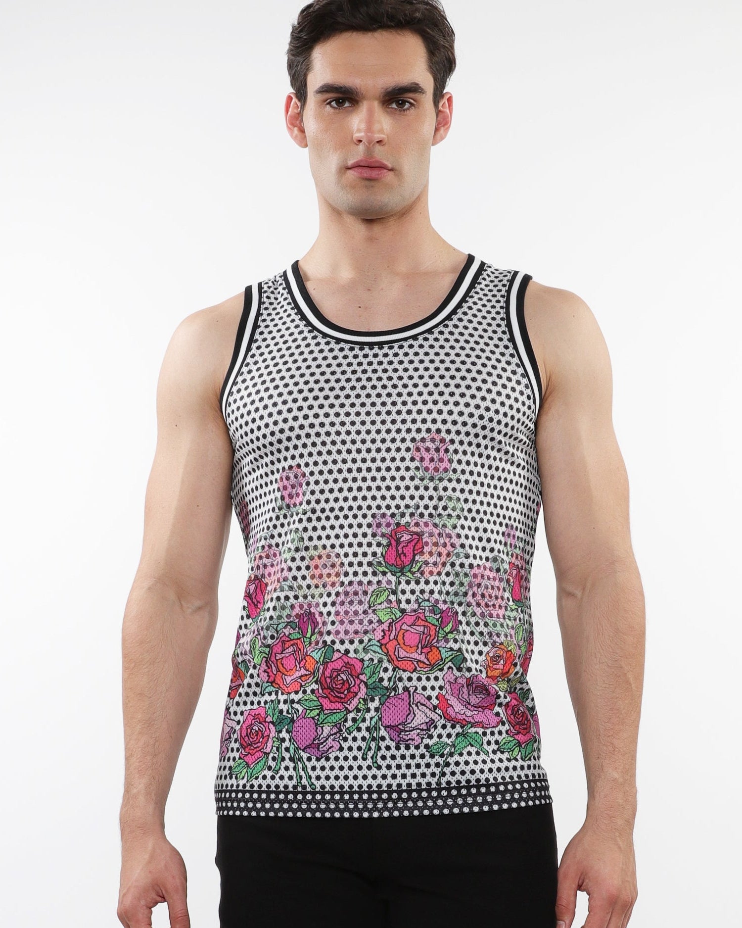 BLACK/FUCHSIA FLORAL PRINTED STRETCH MESH TANK WITH STRIPE RIBBING ST-11126
