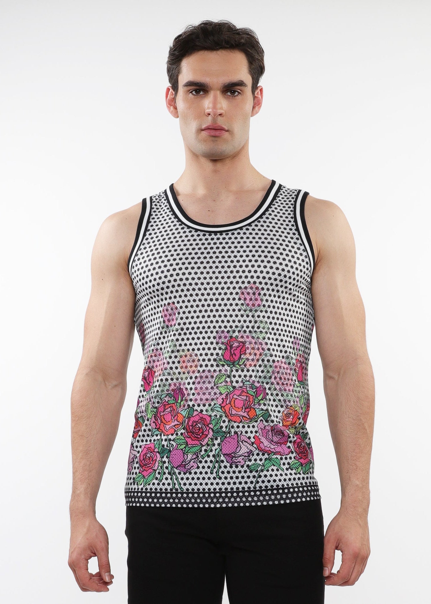 BLACK/FUCHSIA FLORAL PRINTED STRETCH MESH TANK WITH STRIPE RIBBING ST-11126
